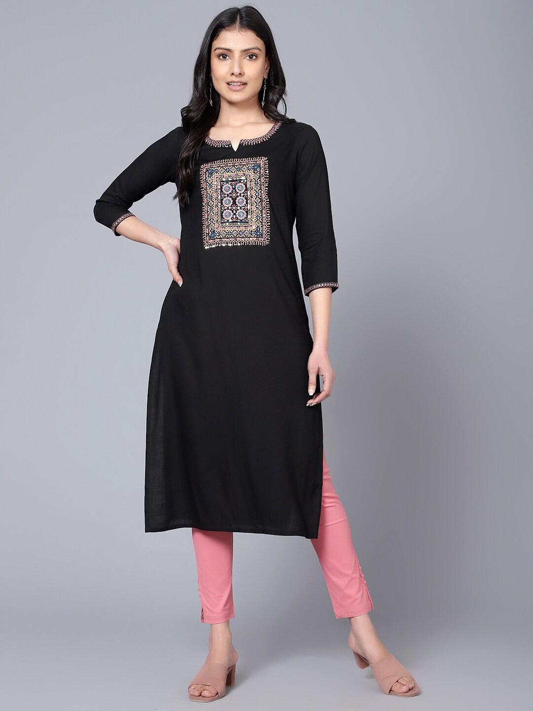 

Bani Women Ethnic Motifs Embroidered Liva Kurta, Black