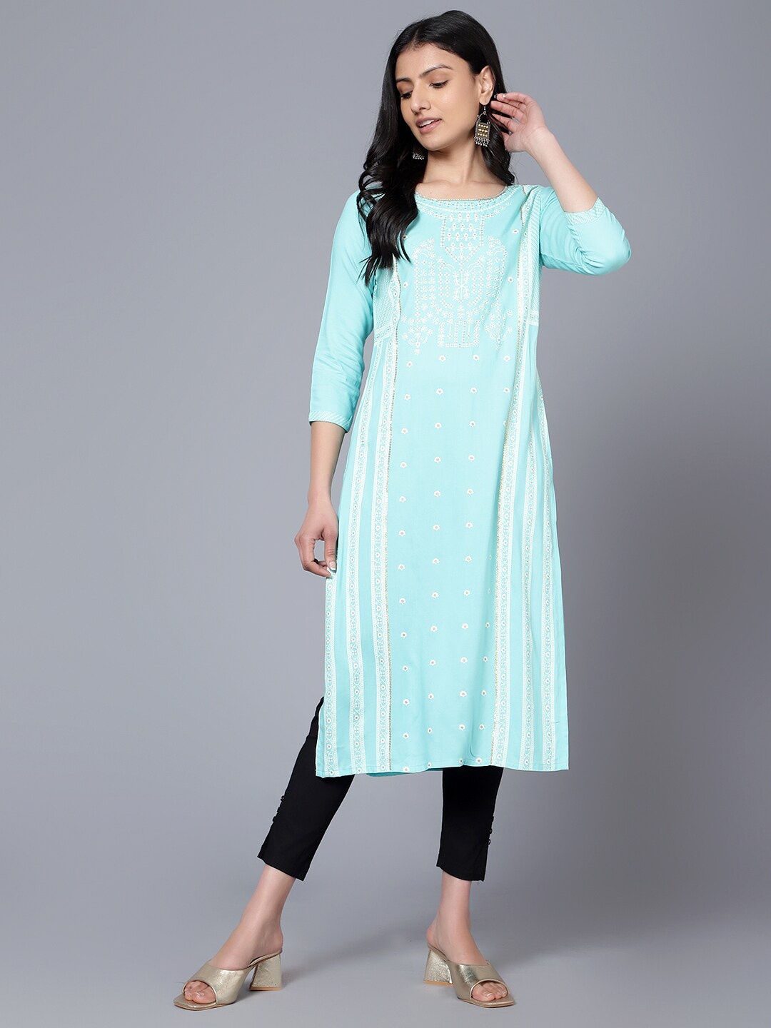 

Bani Women Ethnic Motifs Printed Liva Kurta, Turquoise blue