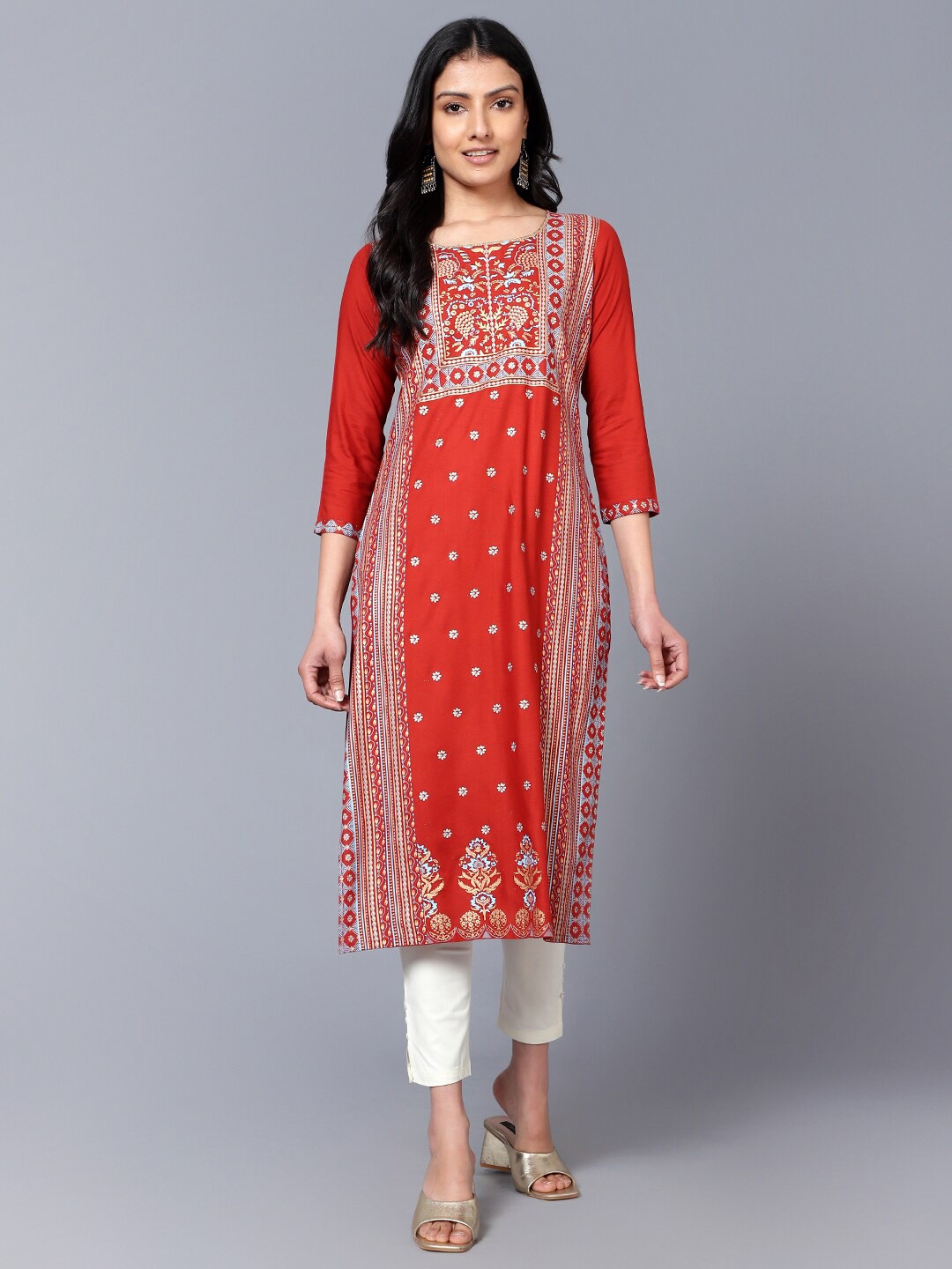 

Bani Women Floral Printed Liva Kurta, Rust