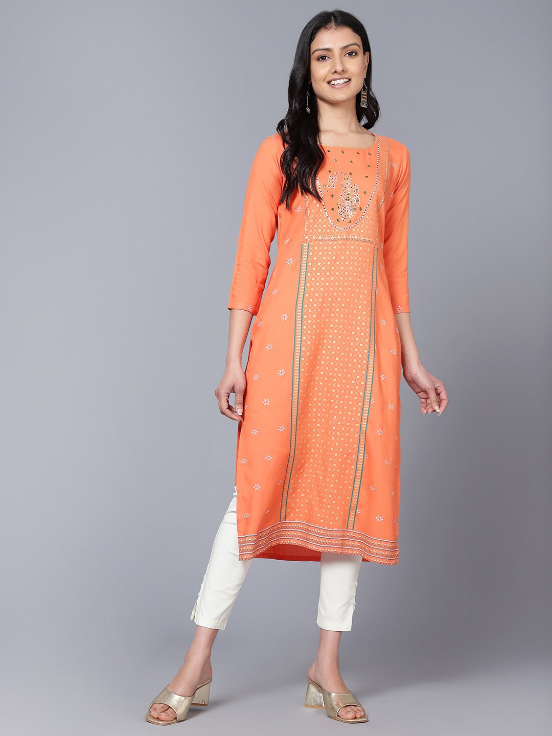 

Bani Women Ethnic Motifs Printed Liva Boat Neck Straight Kurta, Orange