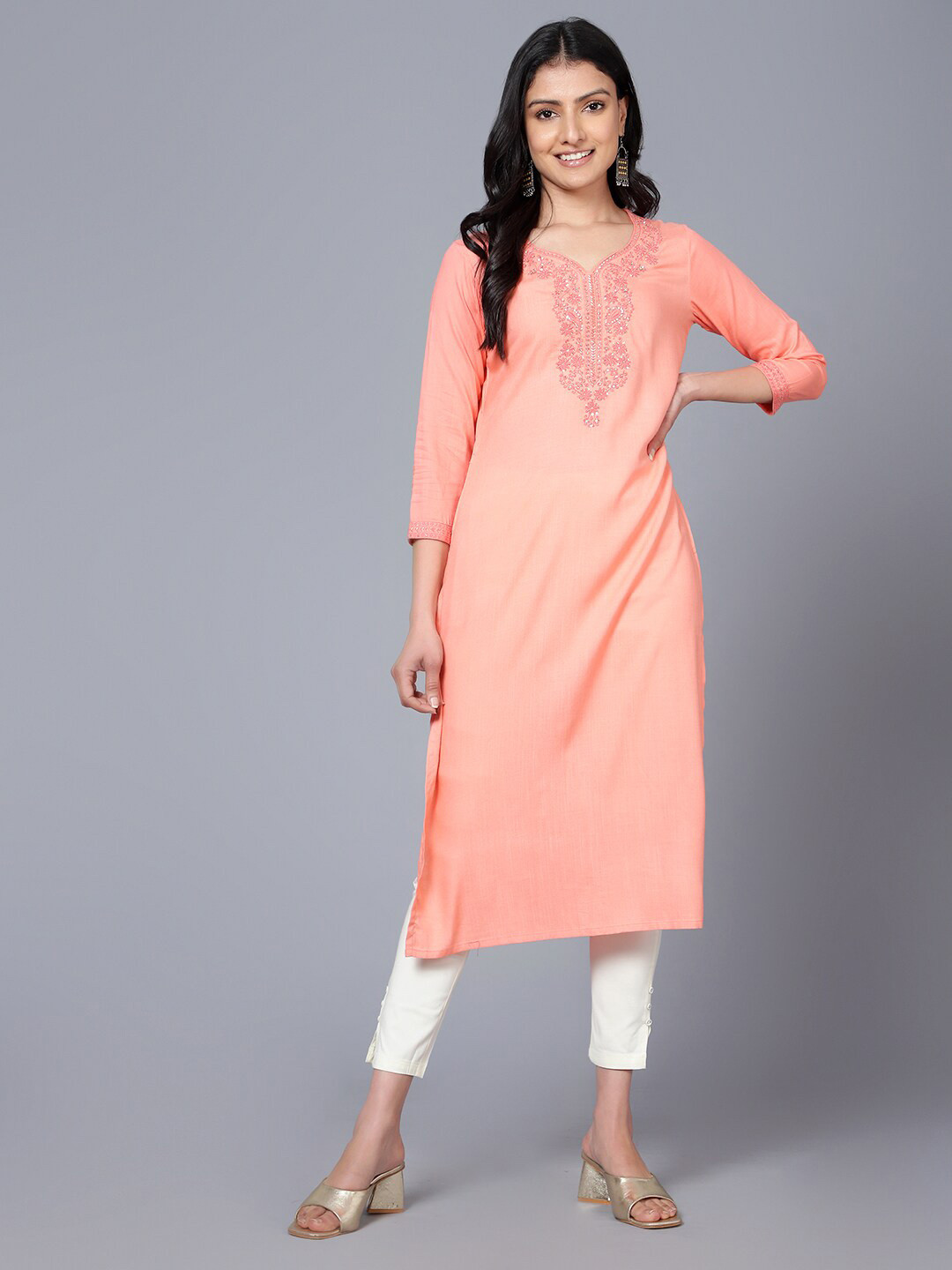 

Bani Women Ethnic Motifs Yoke Design Embroidered Sequinned Kurta, Peach
