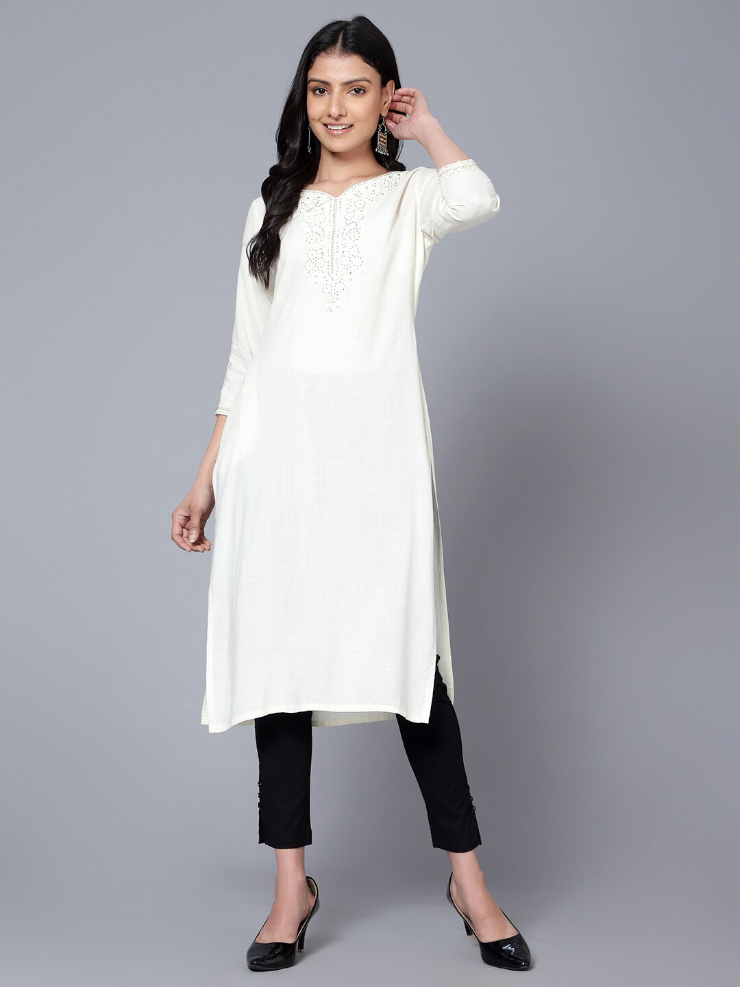 

Bani Women Ethnic Motifs Yoke Design Embroidered Sequinned Kurta, White