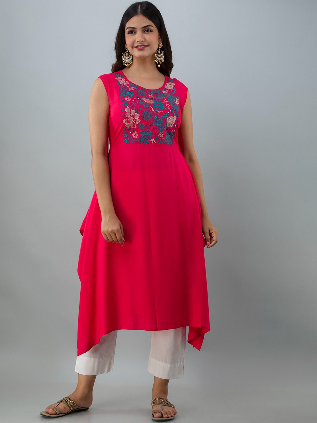 

Women Touch Yoke Design Thread Work Asymmetric Kurta, Pink