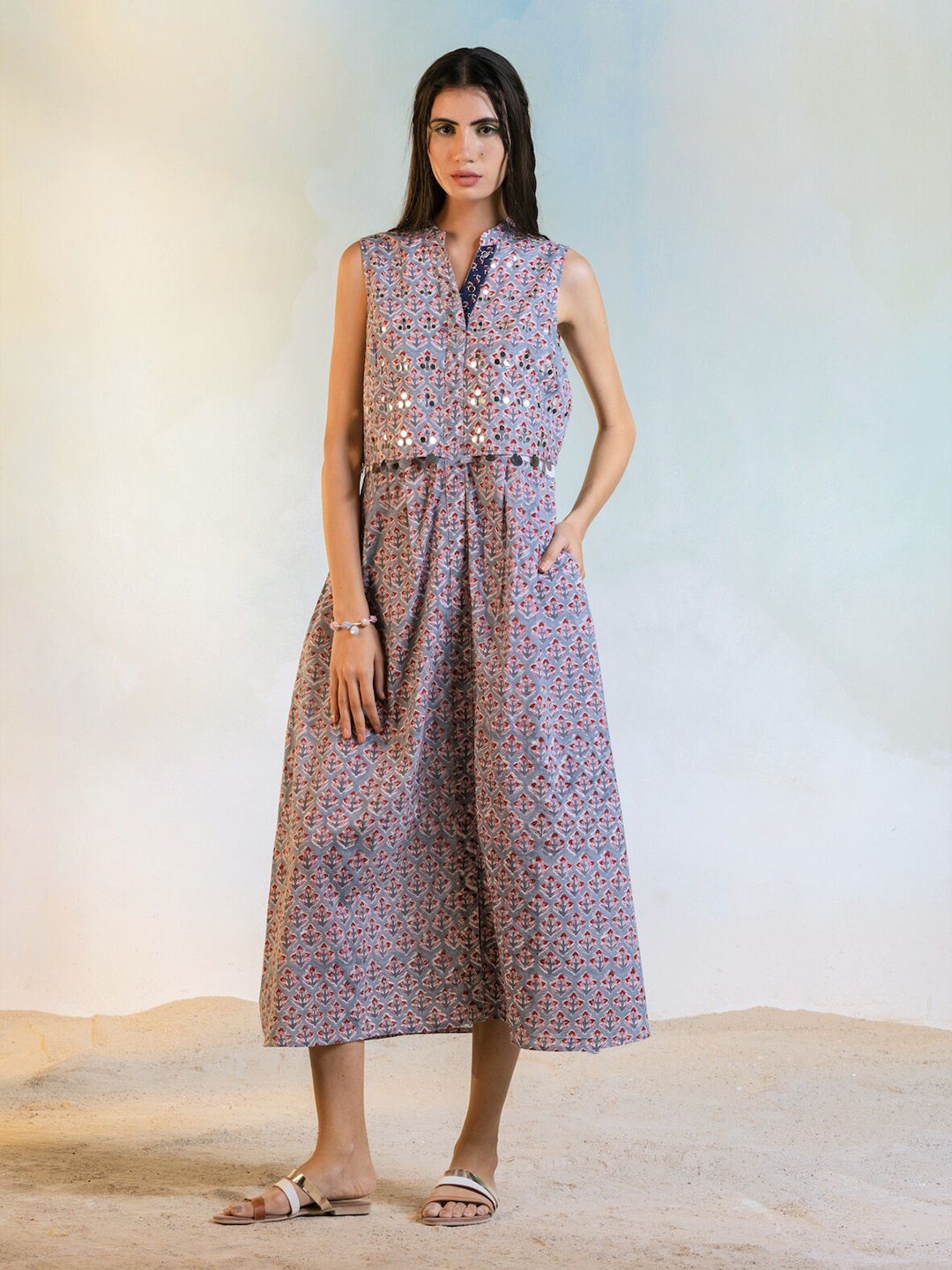 

charkhee Printed A-Line Cotton Midi Ethnic Dress, Grey
