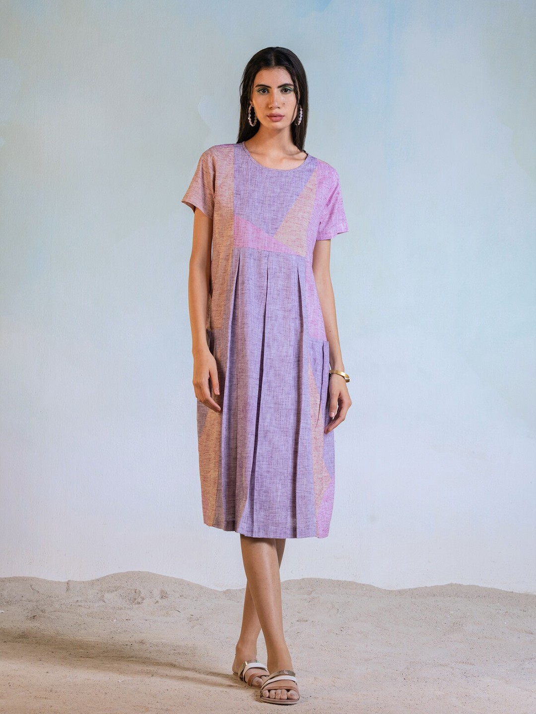 

charkhee Side Pocket Woven Design Pleated A-Line Midi Cotton Dress, Lavender