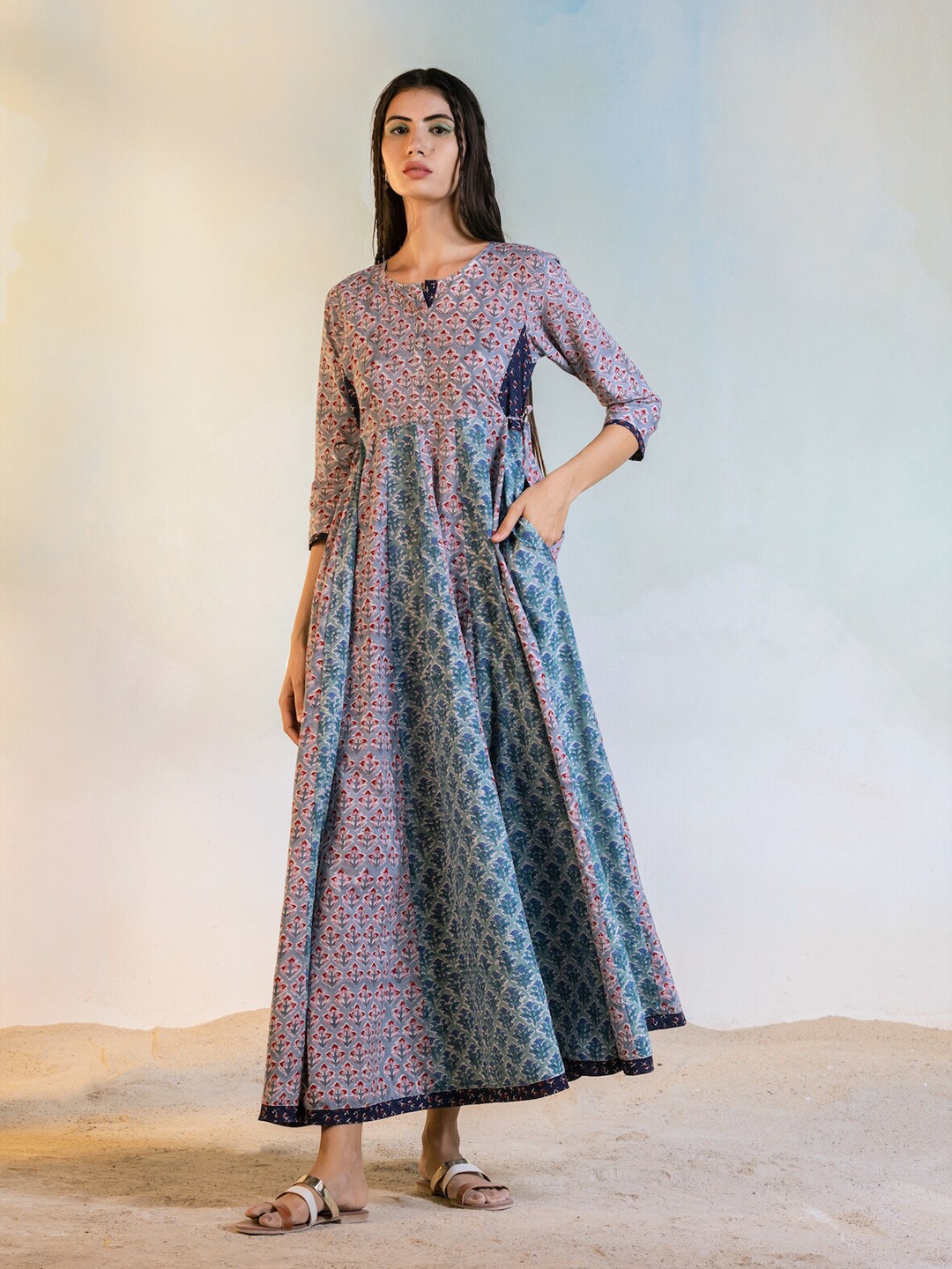 

charkhee Ethnic Motifs Printed Fit & Flare Cotton Ethnic Dress, Grey