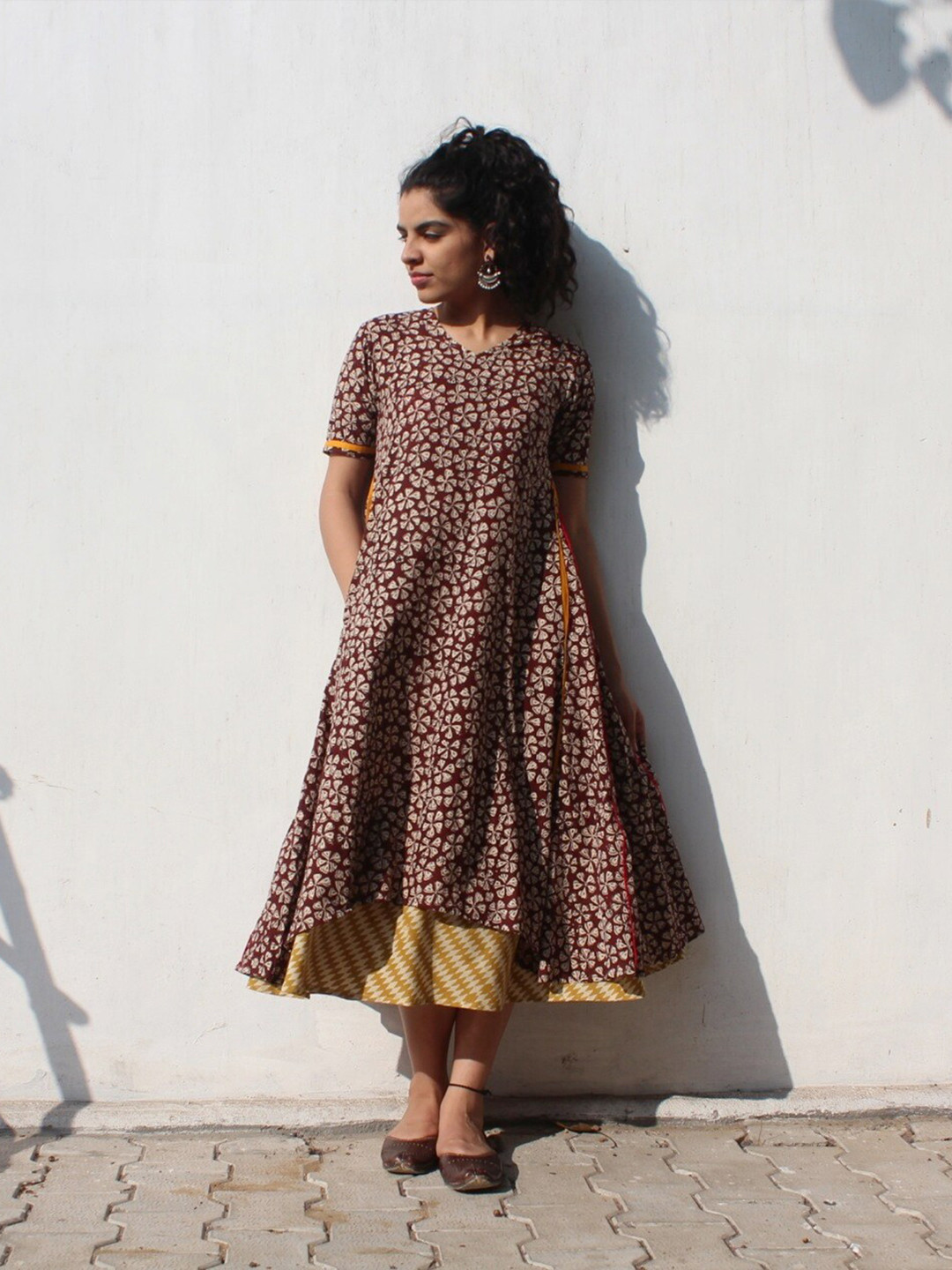 

charkhee Floral Printed Layered Cotton A-Line Midi Ethnic Dress, Maroon