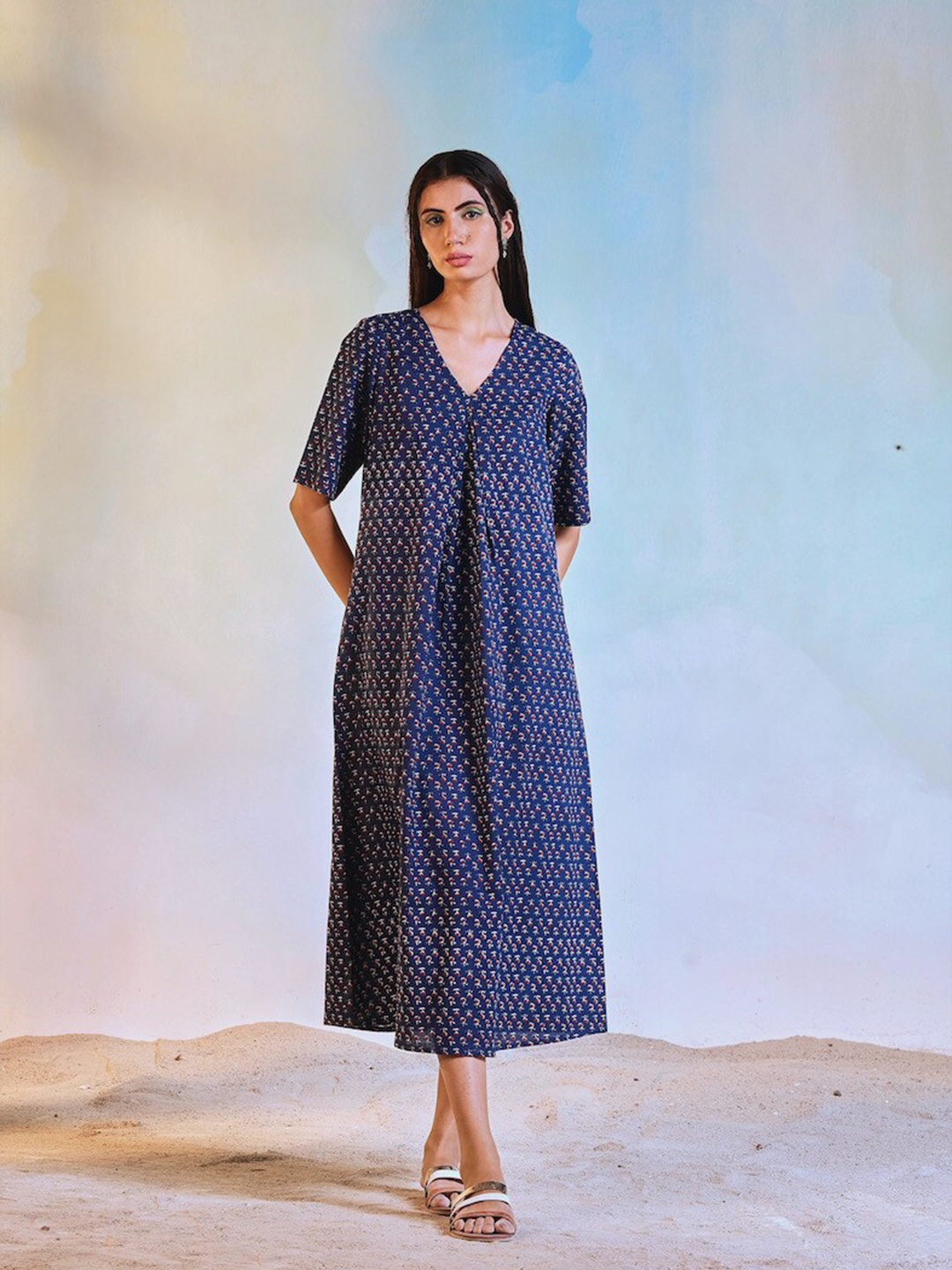

charkhee Floral Printed V-Neck Cotton Midi A-Line Ethnic Dress, Navy blue