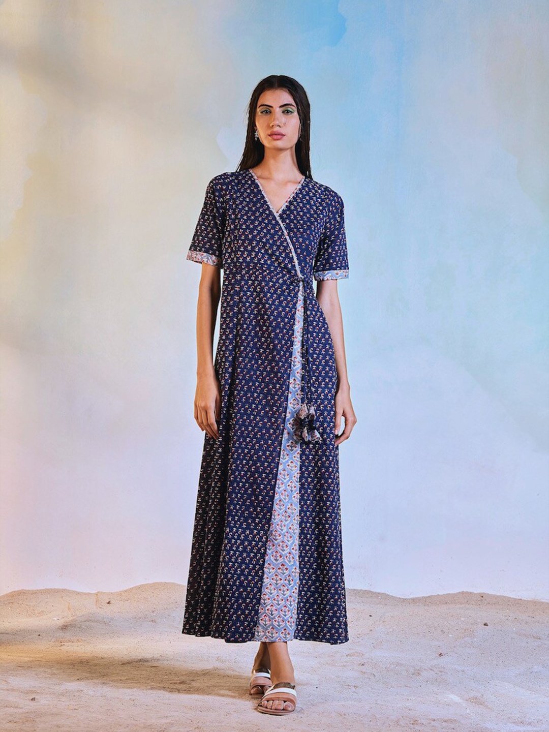 

charkhee Floral Printed Tie-Up Detail Cotton Maxi Wrap Ethnic Dress, Navy blue