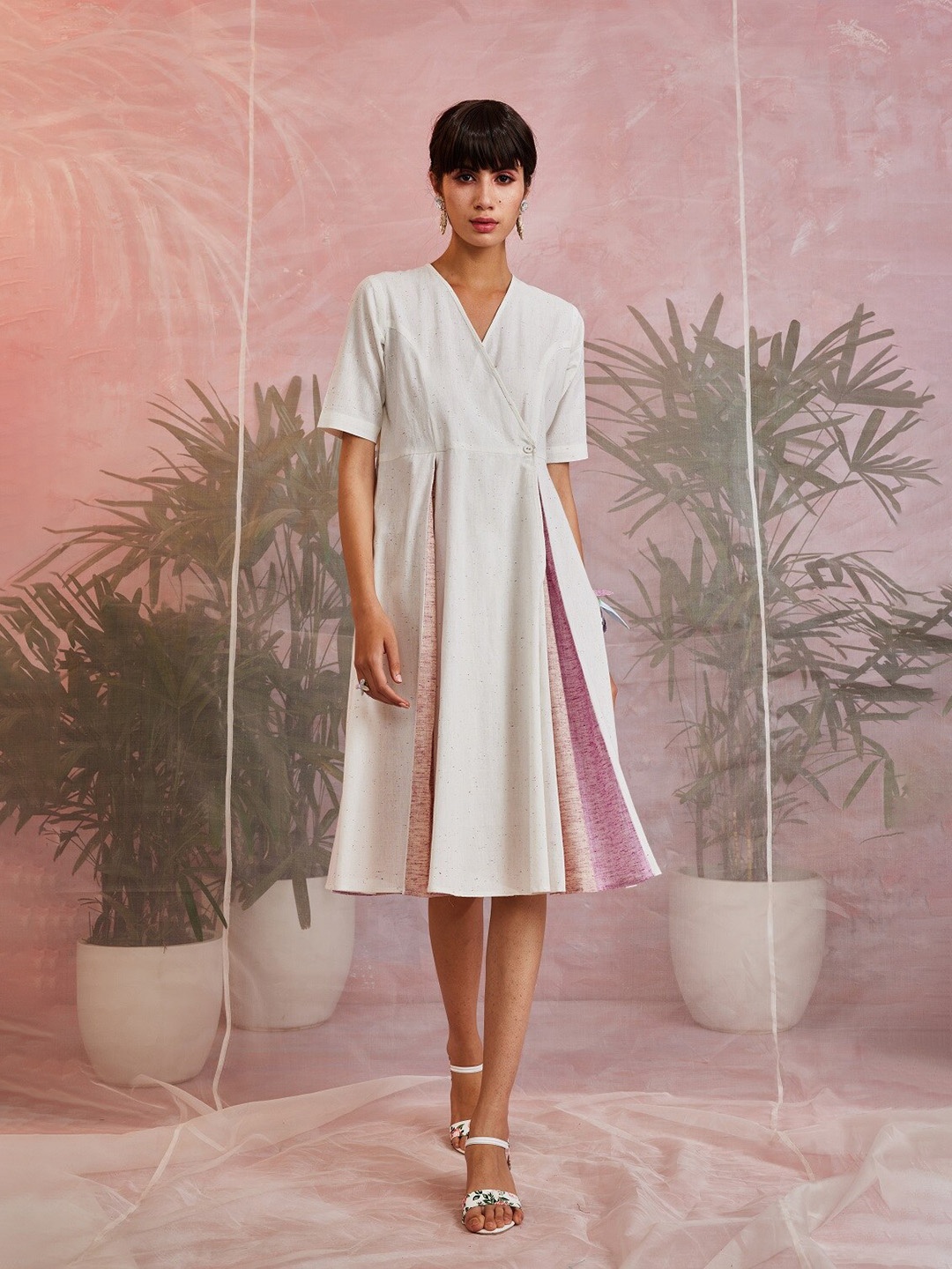 

charkhee Short Sleeves Pleated Wrap Cotton Dress, Off white