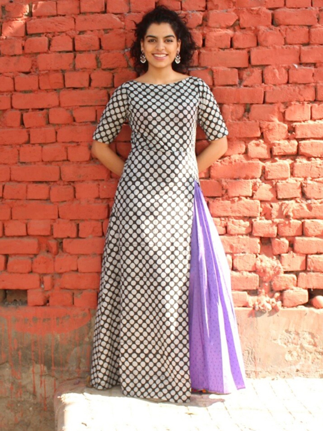 

charkhee Printed Cotton Boat Neck Maxi Ethnic Dress, Black