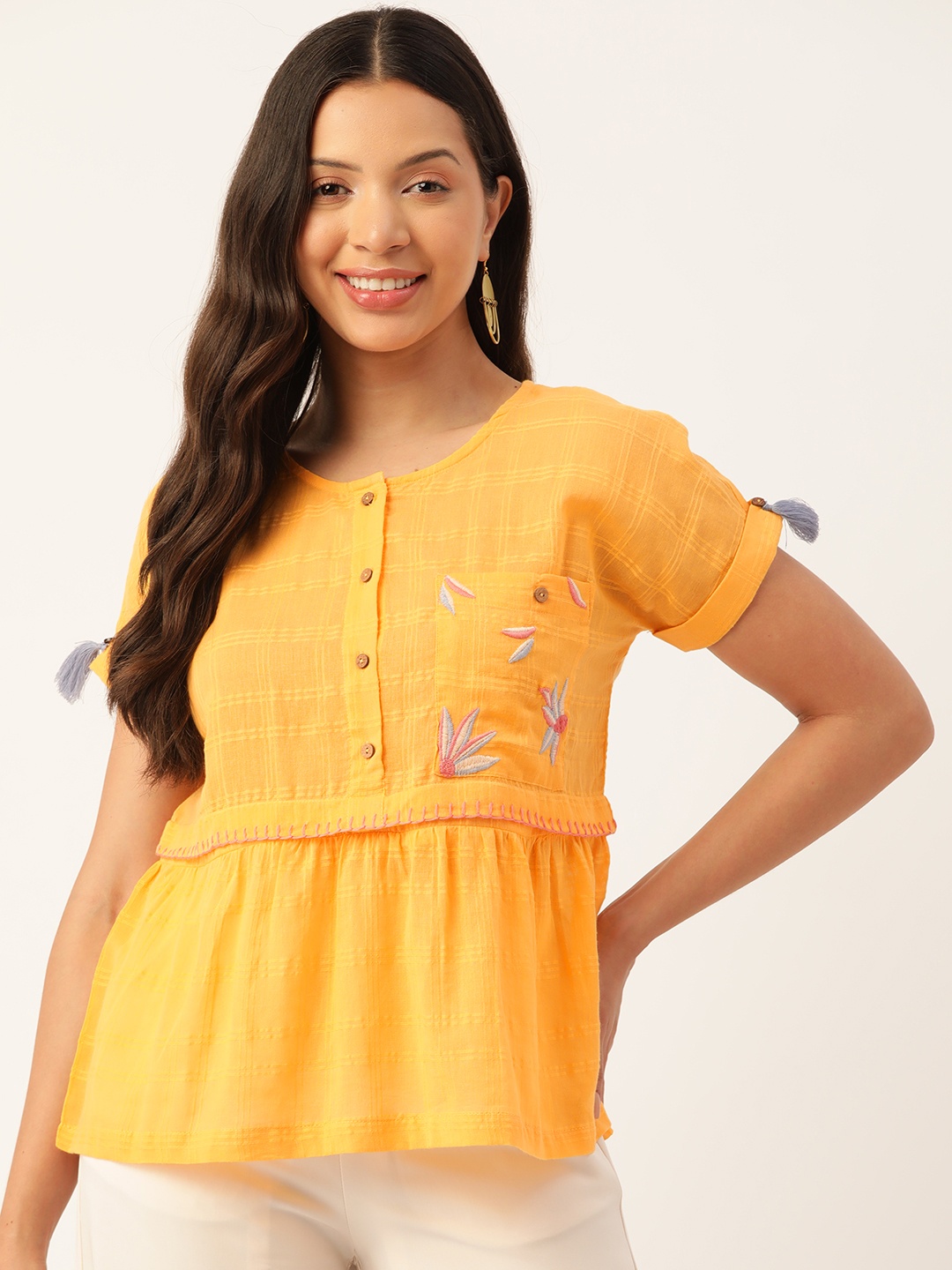 

MISRI Floral Embroidered Roll-Up Sleeves Top, Yellow