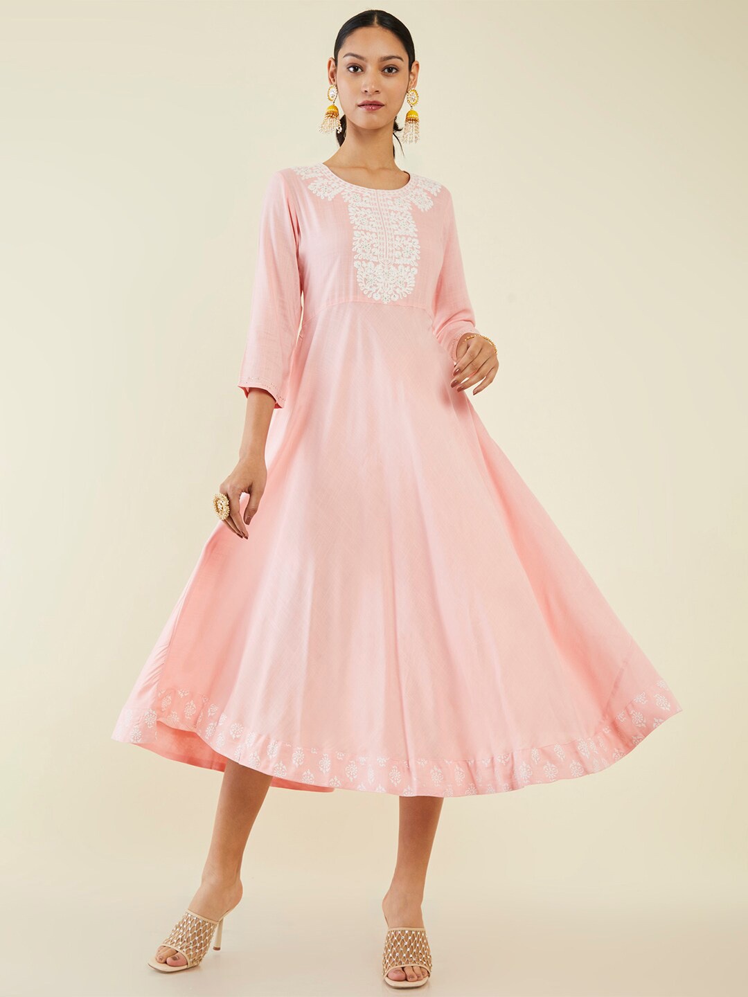 

Soch Ethnic Embroidered A-Line Midi Dress, Peach