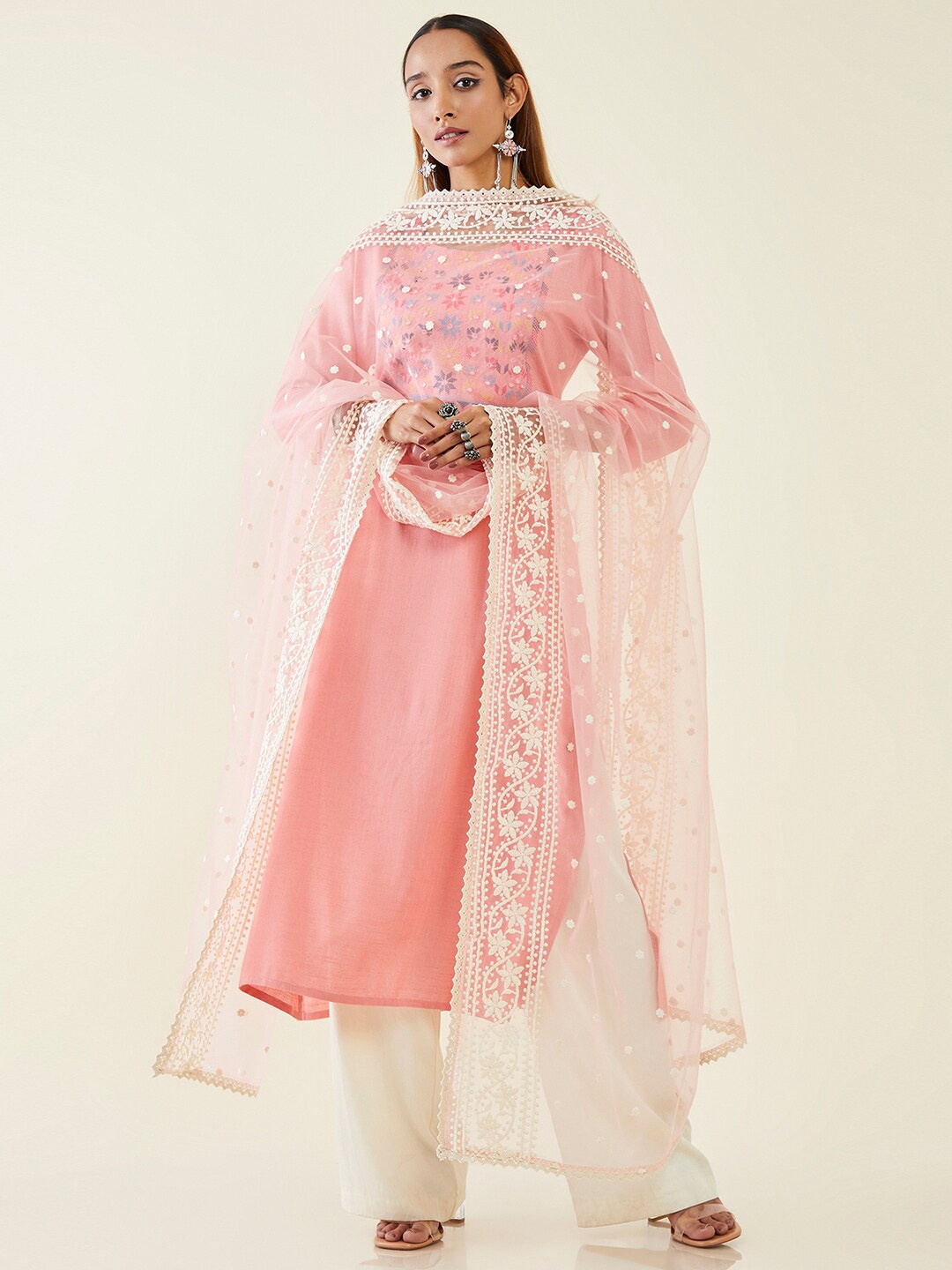

Soch Floral Embroidered Net Dupatta, Off white