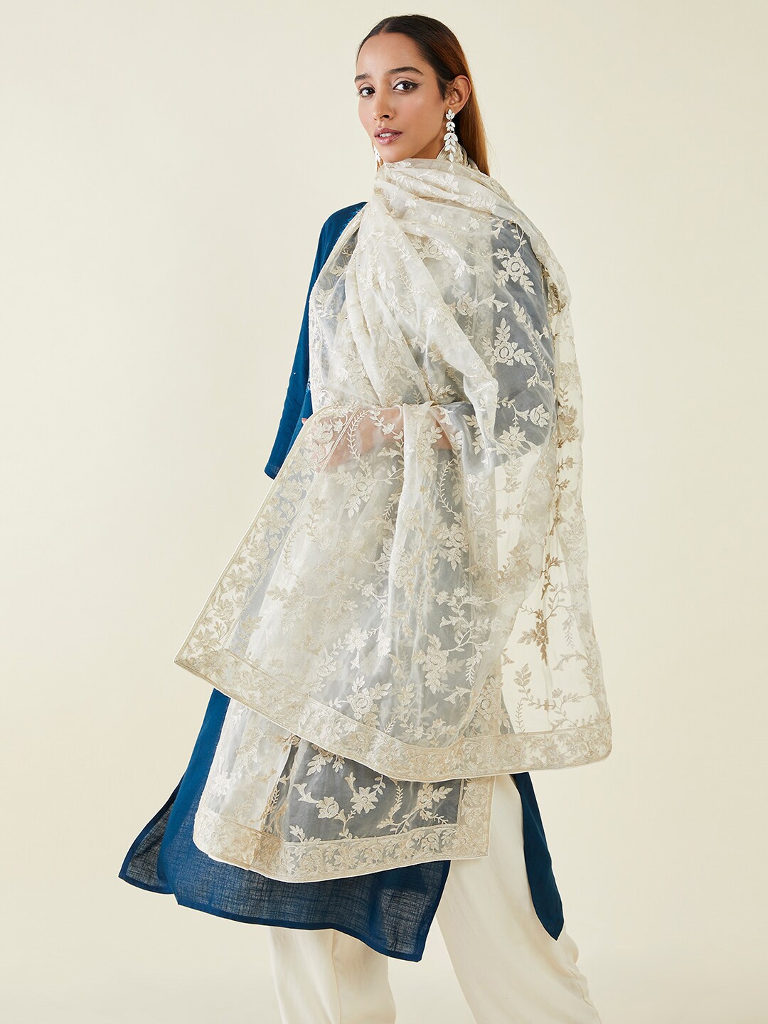 

Soch Floral Embroidered Nylon Dupatta, Off white