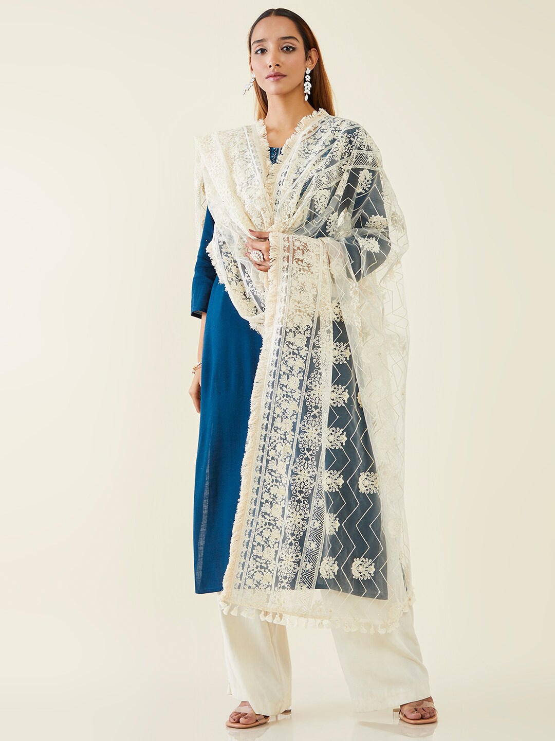 

Soch Floral Embroidered Net Dupatta, Off white