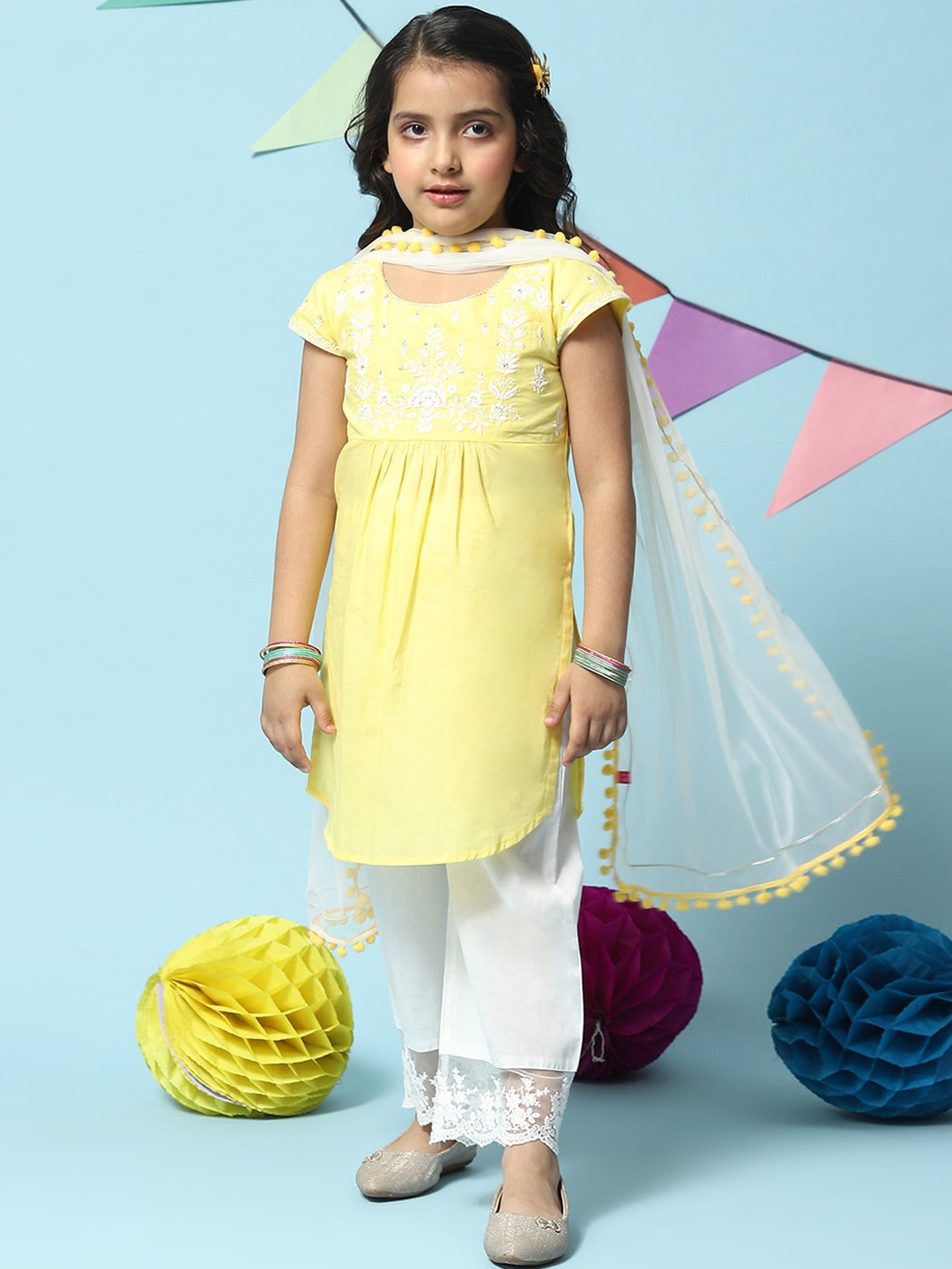 

Biba Girls Ethnic Motifs Embroidered Thread Work Kurta with Palazzos & With Dupatta, Yellow