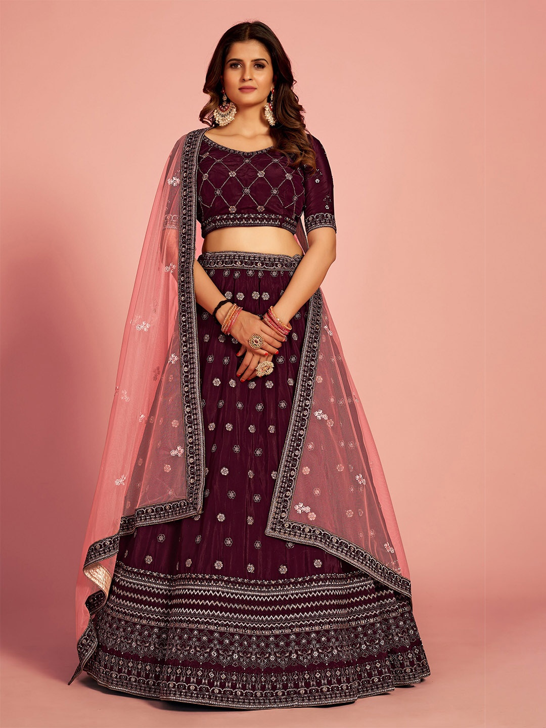 

Fusionic Embroidered Semi-Stitched Lehenga & Unstitched Blouse With Dupatta, Burgundy