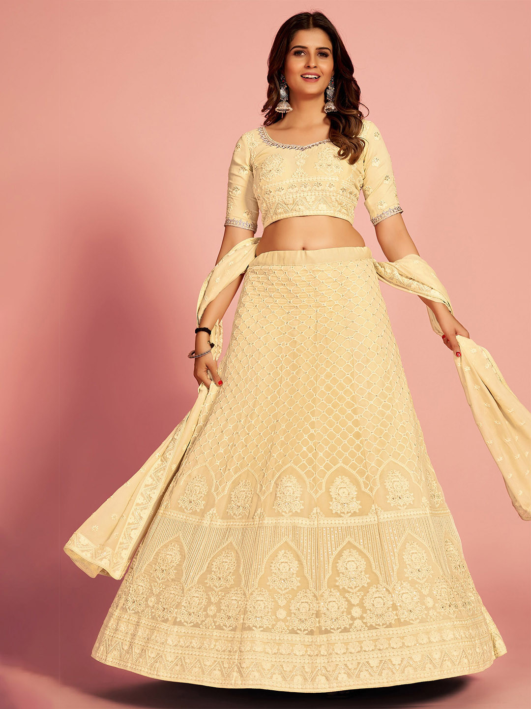 

Fusionic Embroidered Thread Work Semi-Stitched Lehenga & Unstitched Blouse With Dupatta, Off white