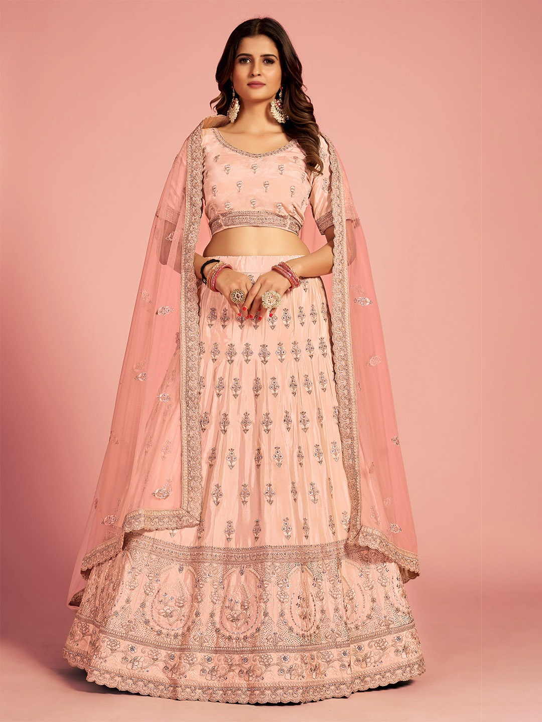 

Fusionic Embroidered Semi-Stitched Lehenga & Unstitched Blouse With Dupatta, Peach