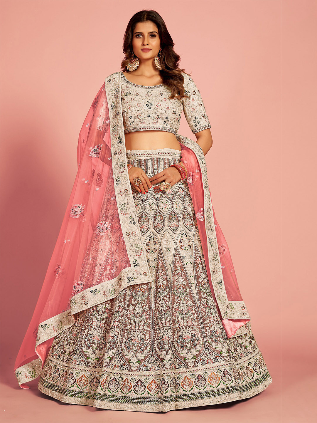 

Fusionic Embroidered Thread Work Semi-Stitched Lehenga & Unstitched Blouse With Dupatta, White