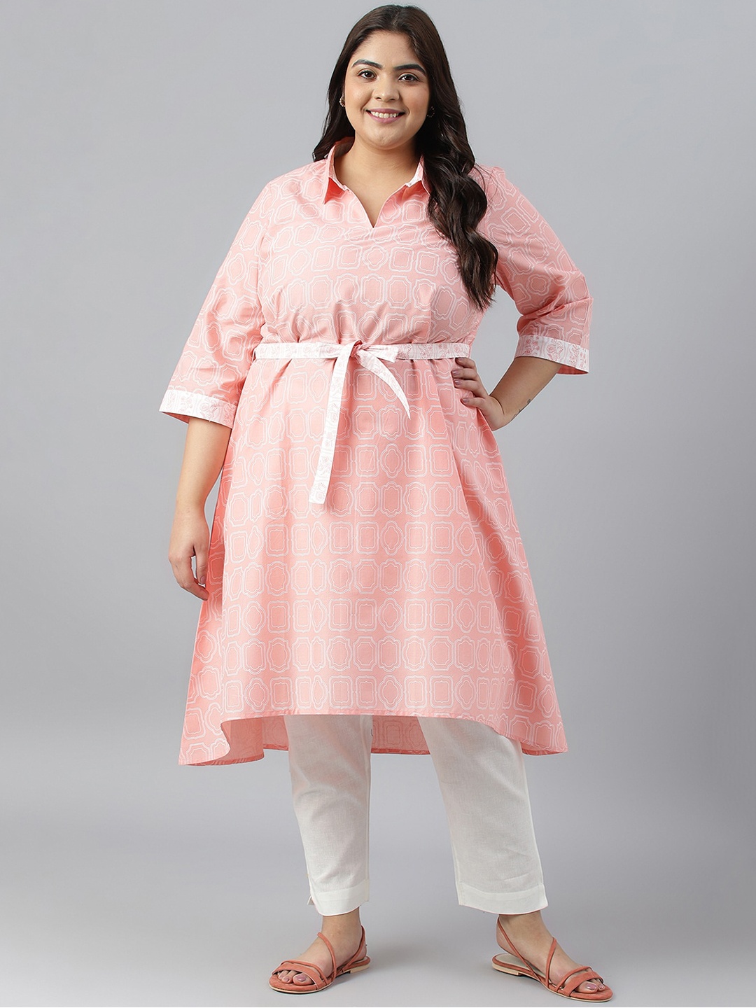 

AURELIA Plus Size Shirt Collar Ethnic Motifs Printed Pure Cotton Anarkali Kurta, Peach