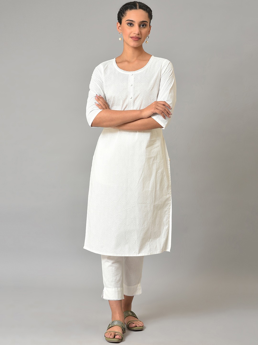 

AURELIA White Printed Straight Cotton kurta