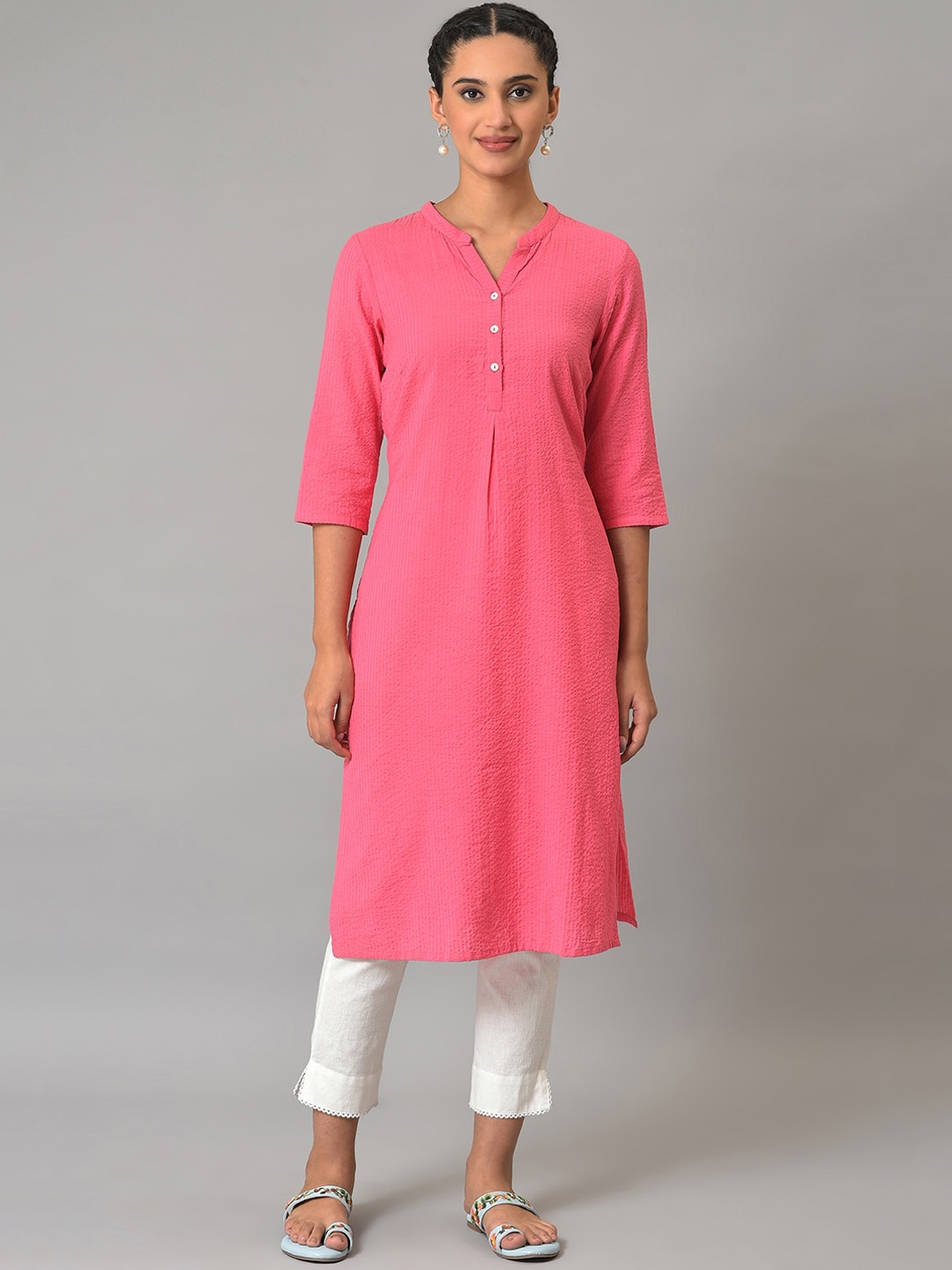 

AURELIA Self Design Band Collar Pure Cotton Kurta, Pink
