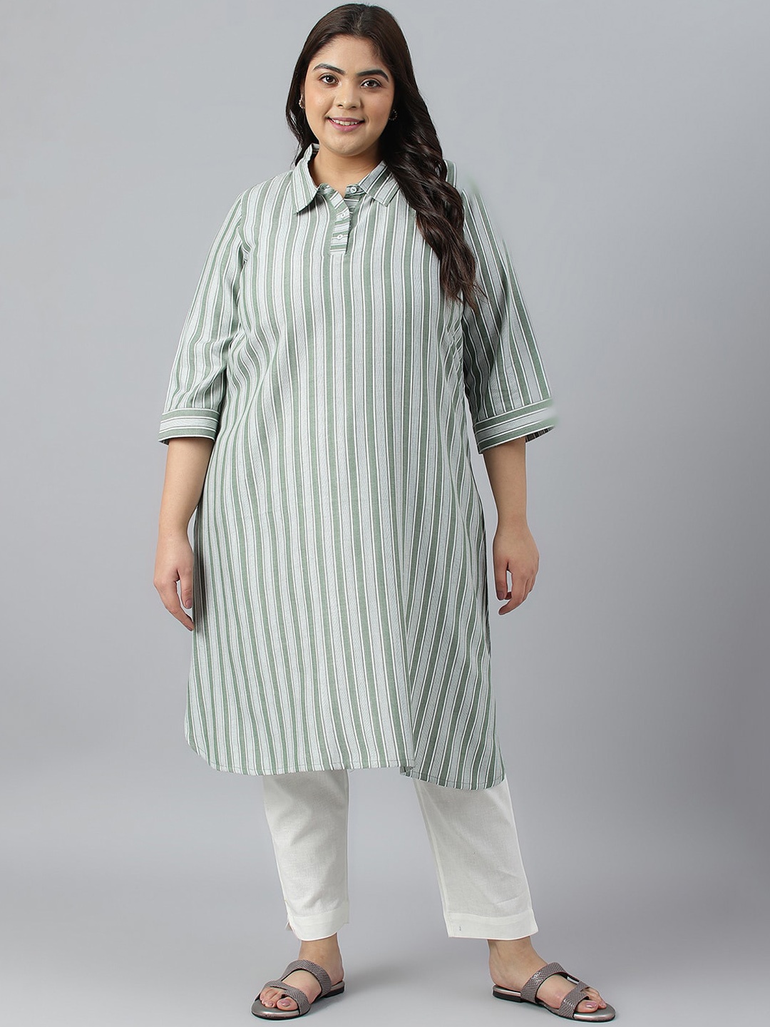 AURELIA Plus Size Striped Thread Work Kurta, Green
