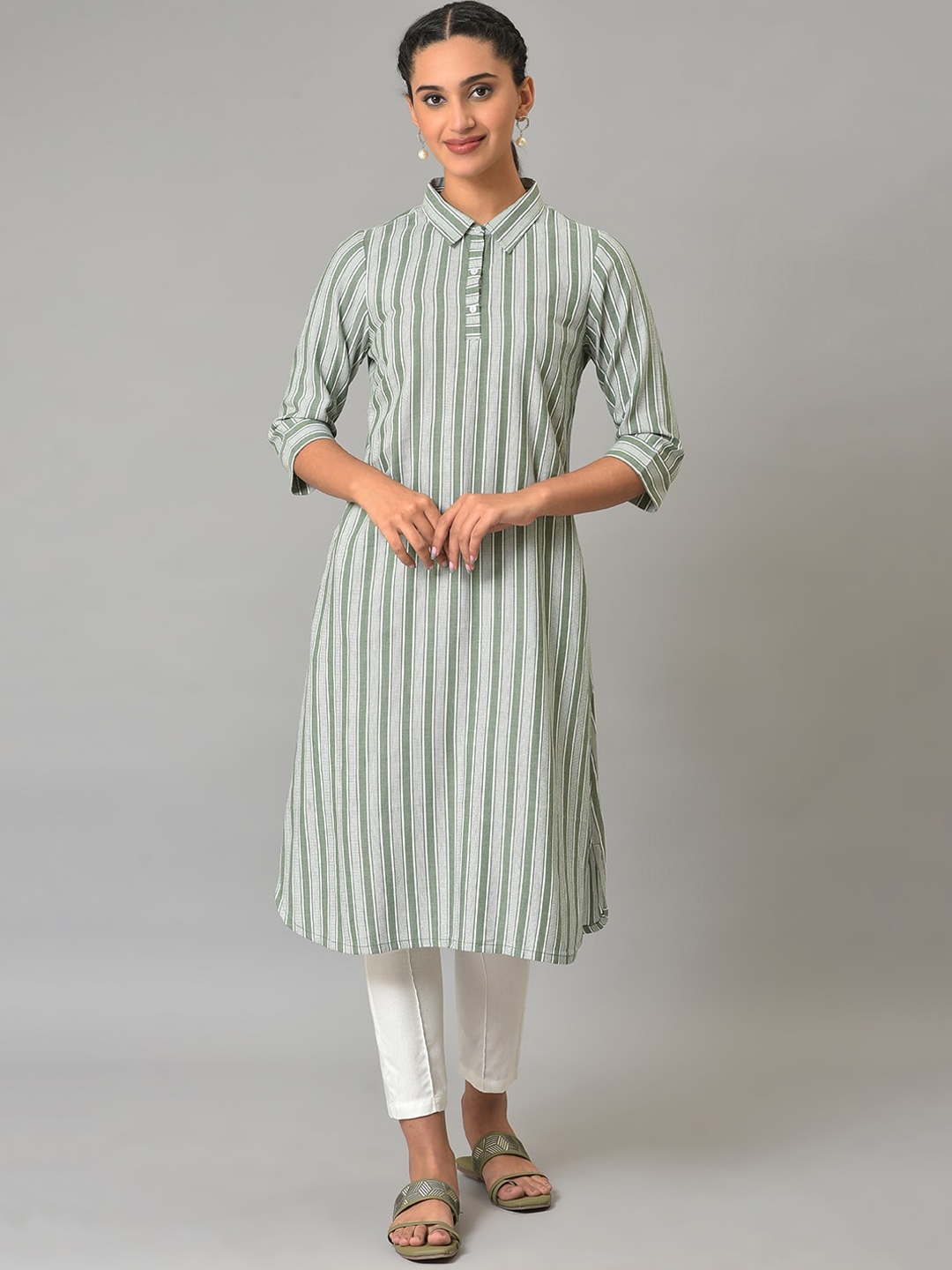 

AURELIA Striped Shirt Collar Pure Cotton Straight Kurta, Olive