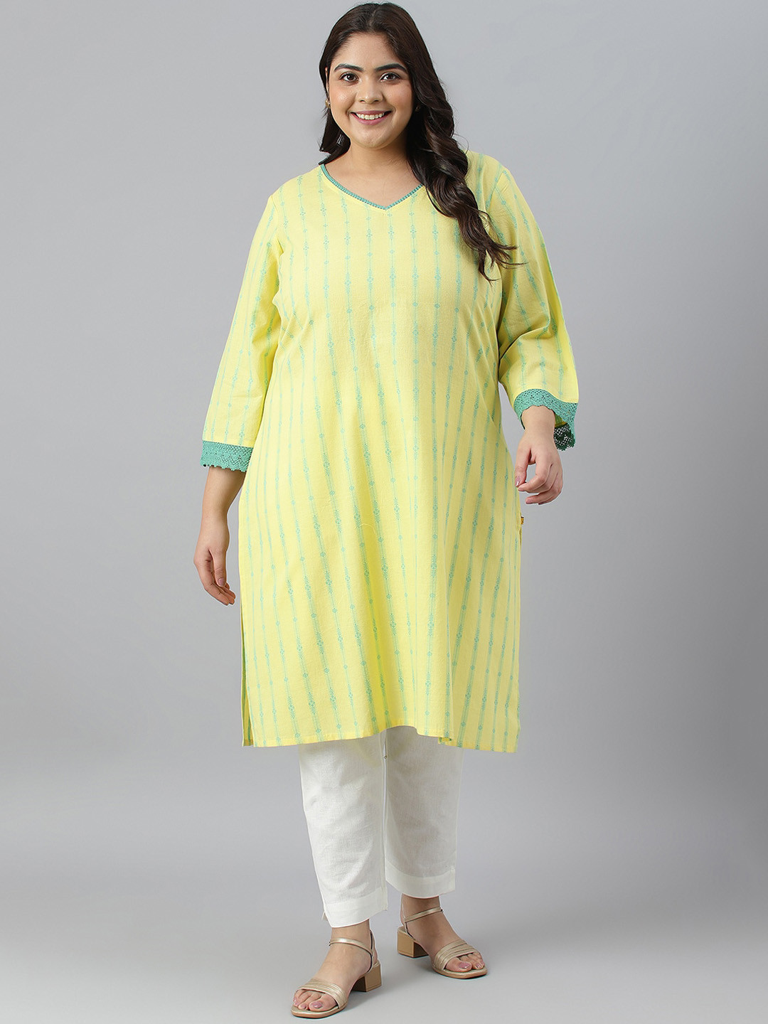 

AURELIA Plus Size Striped Lace Work Cotton Kurta, Yellow