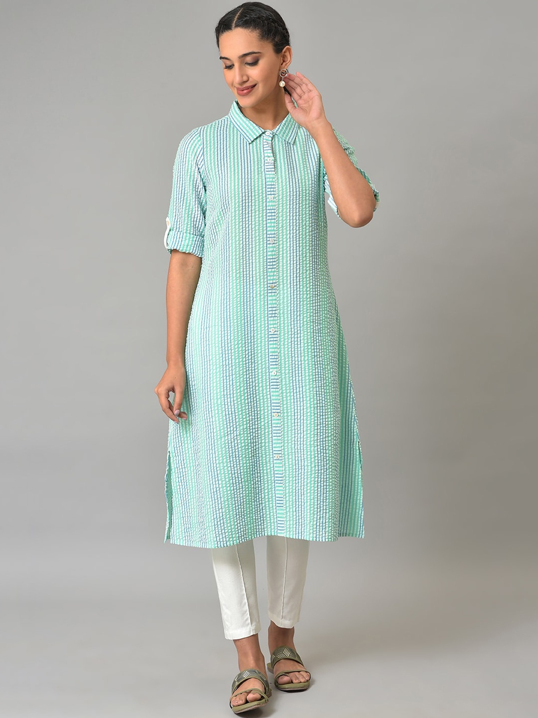 

AURELIA Striped Shirt Collar Kurta, Green