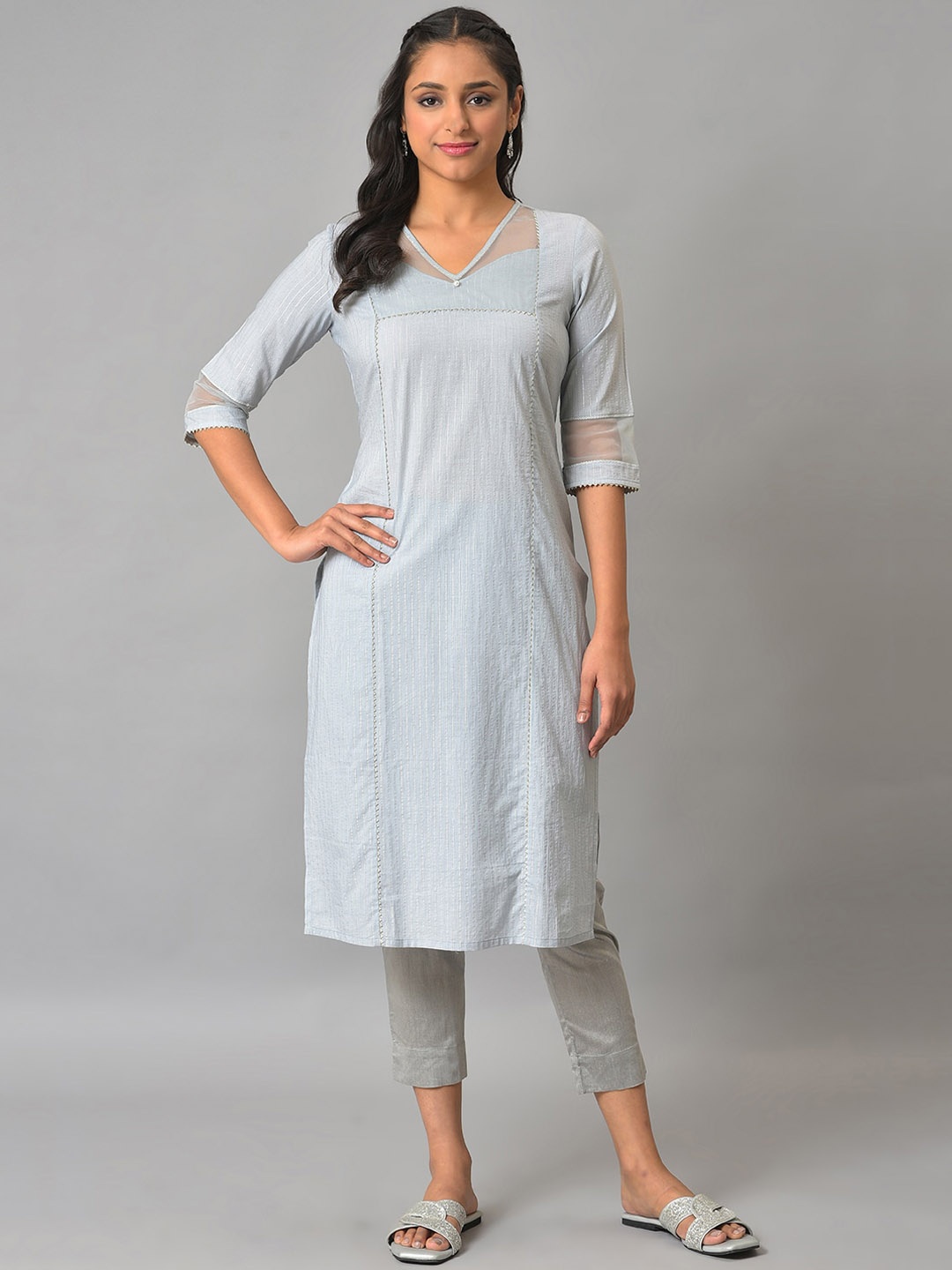 

AURELIA V-Neck Striped Cotton Kurta, Blue