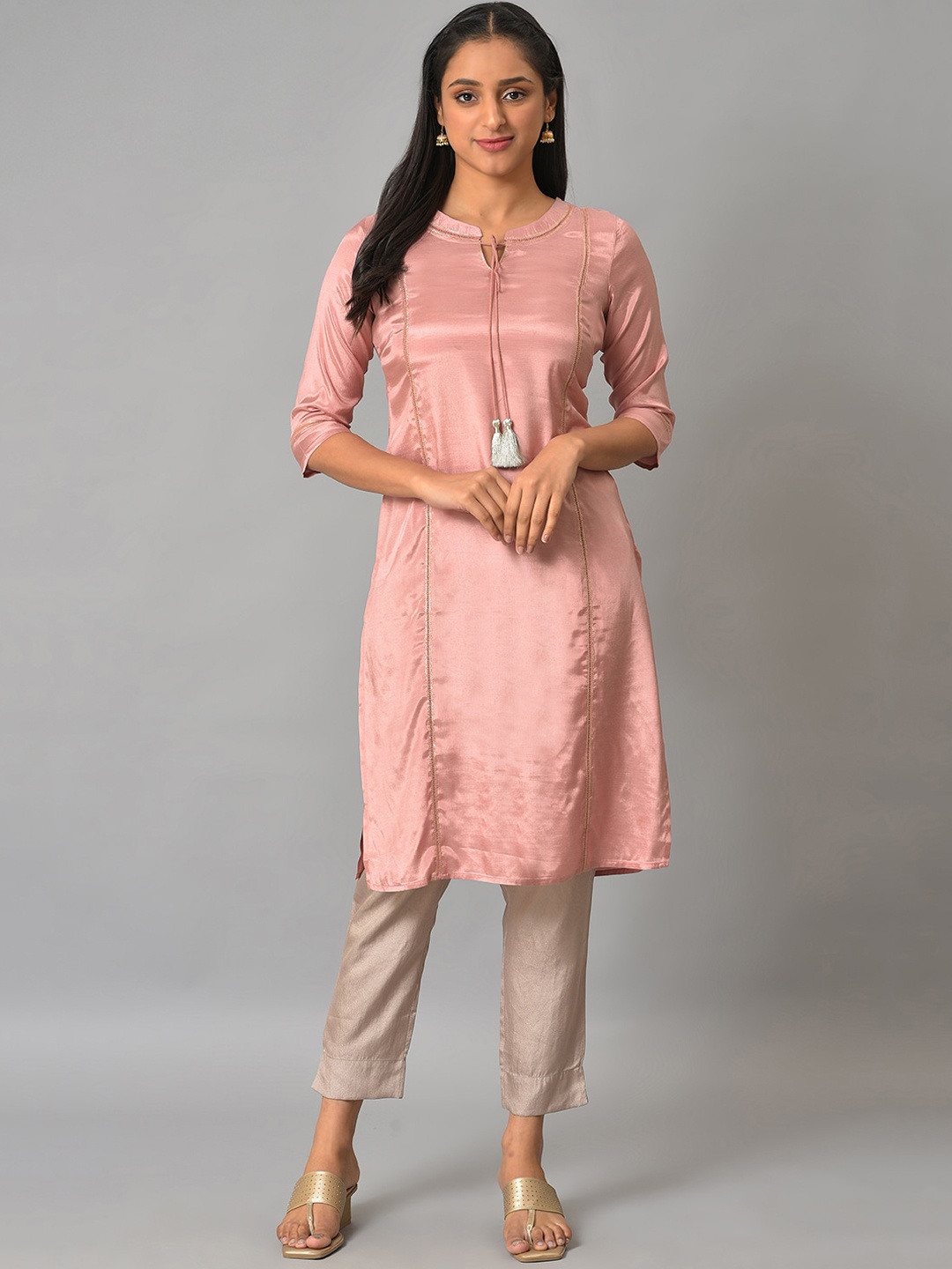 

AURELIA Tie-Up Neck Thread Work Straight Kurta, Pink