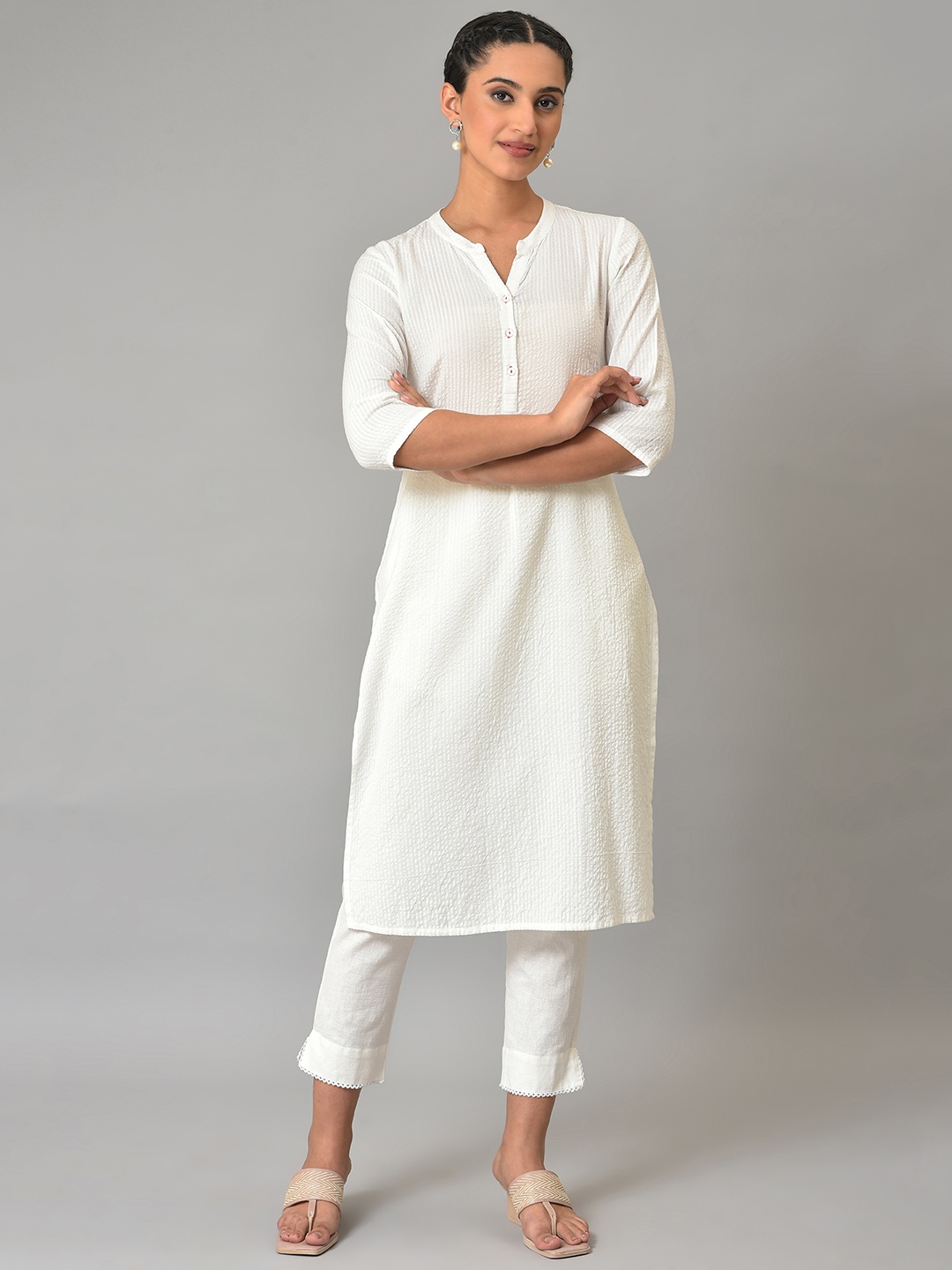 

AURELIA Striped Mandarin Collar Kurta, White