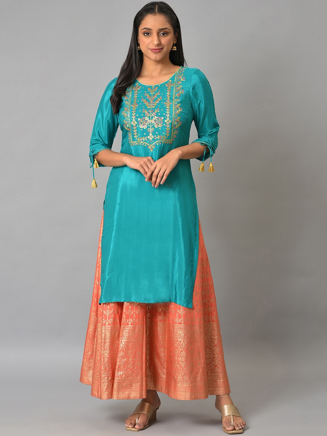 

AURELIA Festive Floral Print Kurta, Sea green