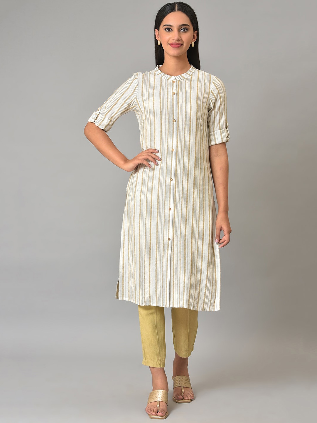 

AURELIA Striped Band Collar Roll Up Sleeves Straight Kurta, Beige