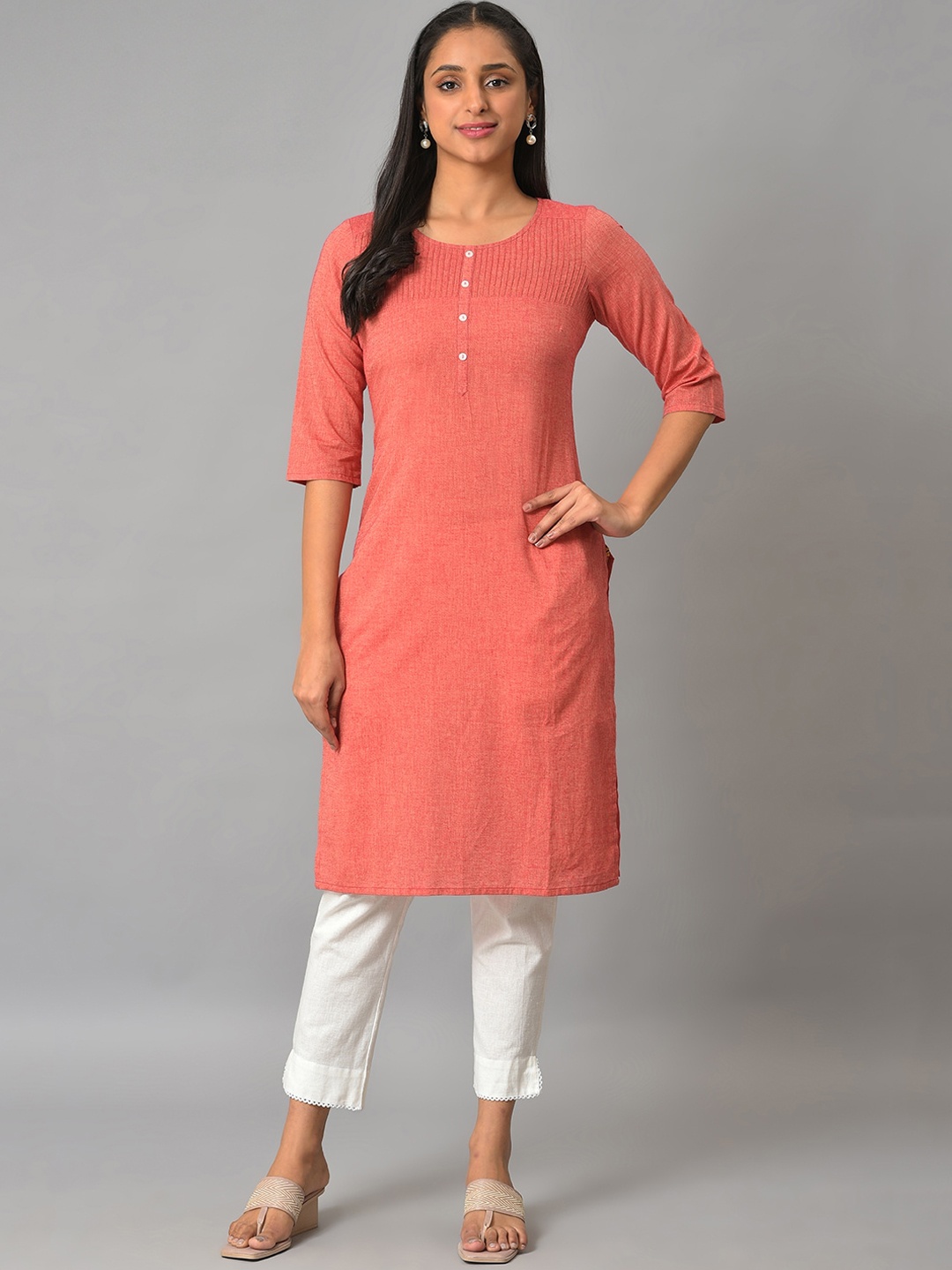 

AURELIA Round Neck Straight Pure Cotton Kurta, Orange