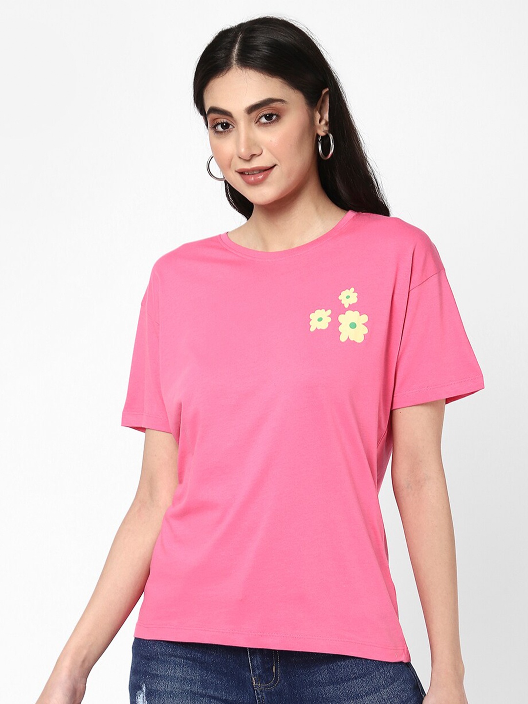 

R&B Floral Printed Styled Back Cotton Top, Pink