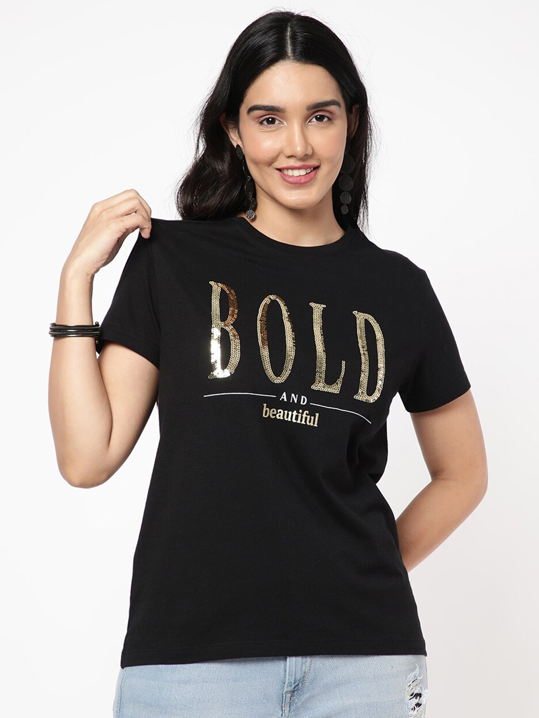 

R&B Typography Printed Sequinned Cotton Top, Black