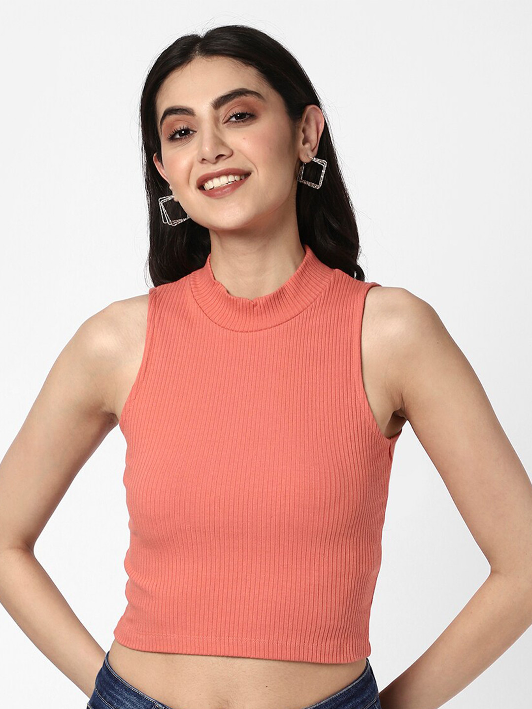 

R&B Sleeveless High Neck Crop Top, Pink