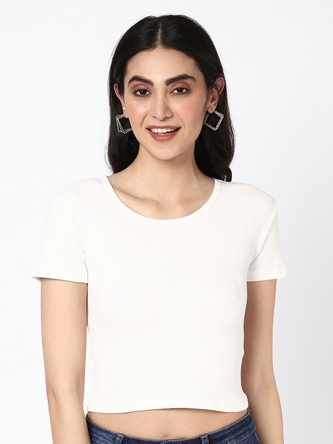 

R&B Round Neck Crop Top, White