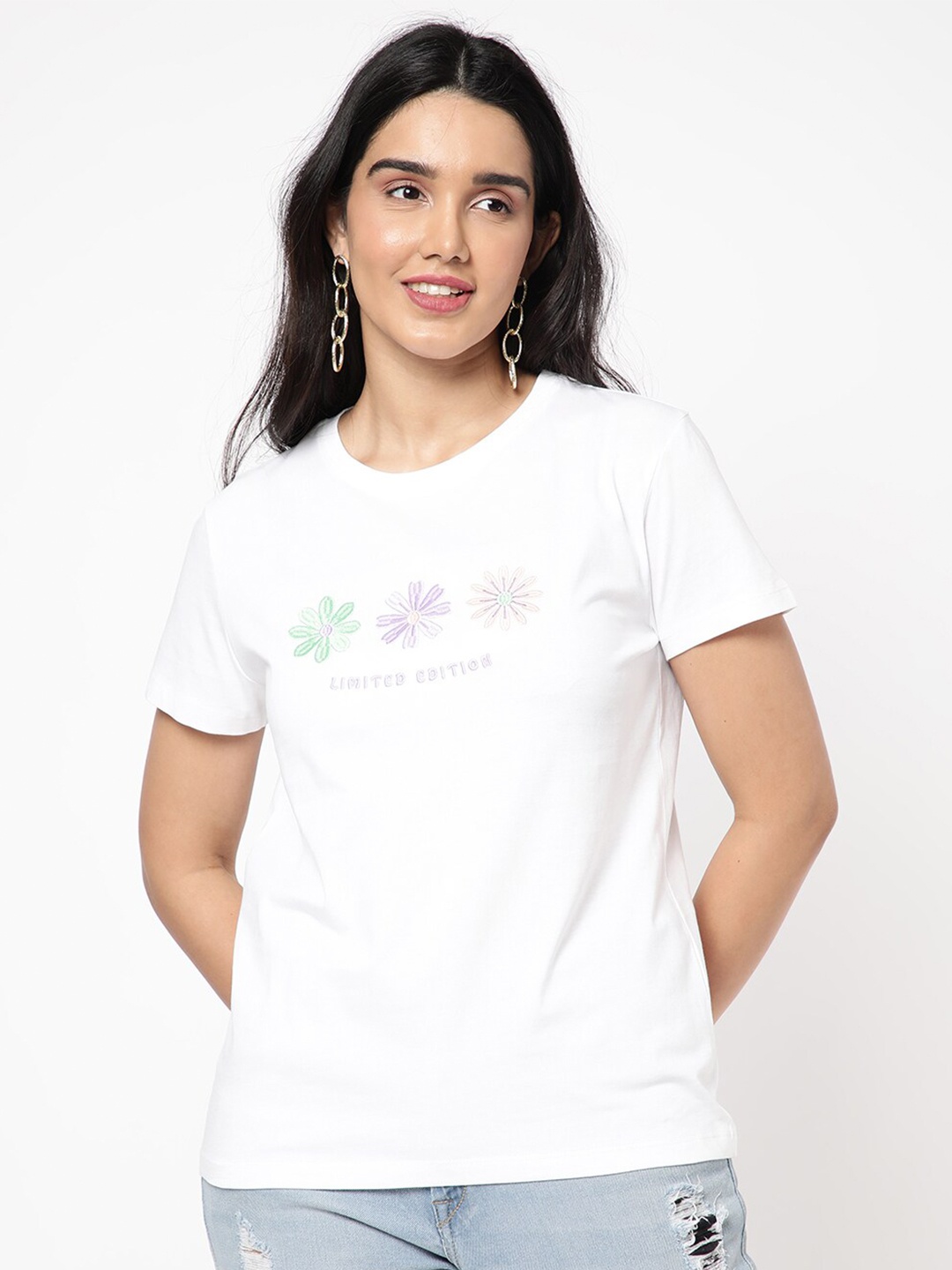 

R&B Floral Printed Regular Fit Tshirt, White