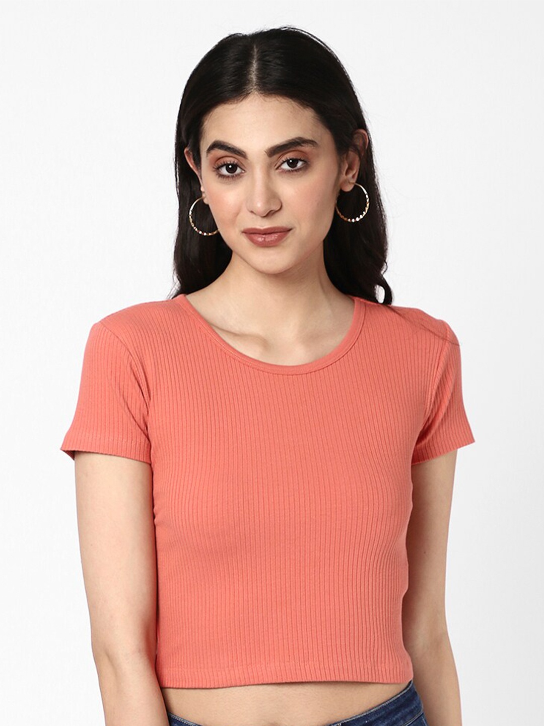 

R&B Short Sleeves Cotton Crop Top, Coral