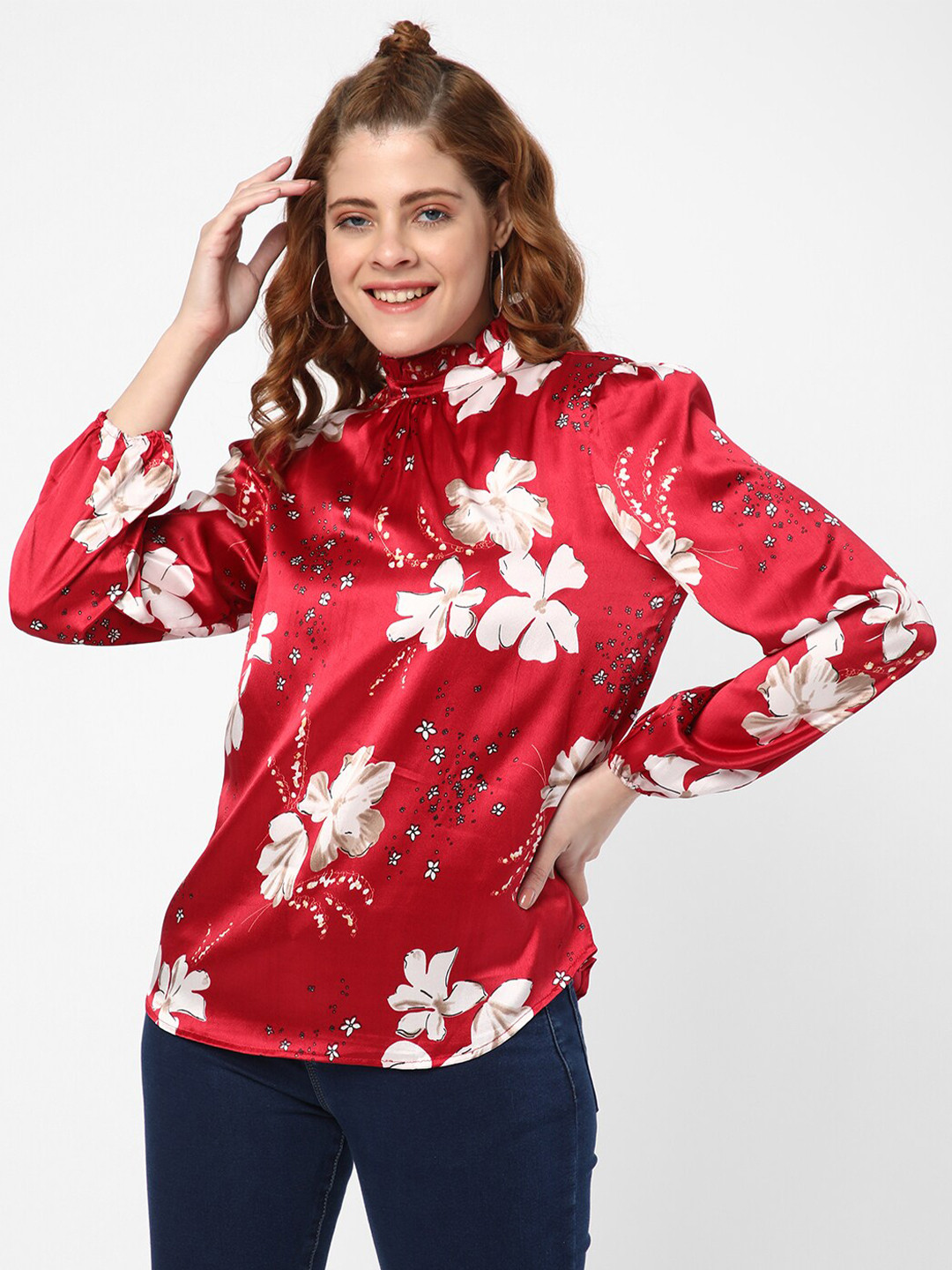 

R&B Floral Printed Cotton Top, Red