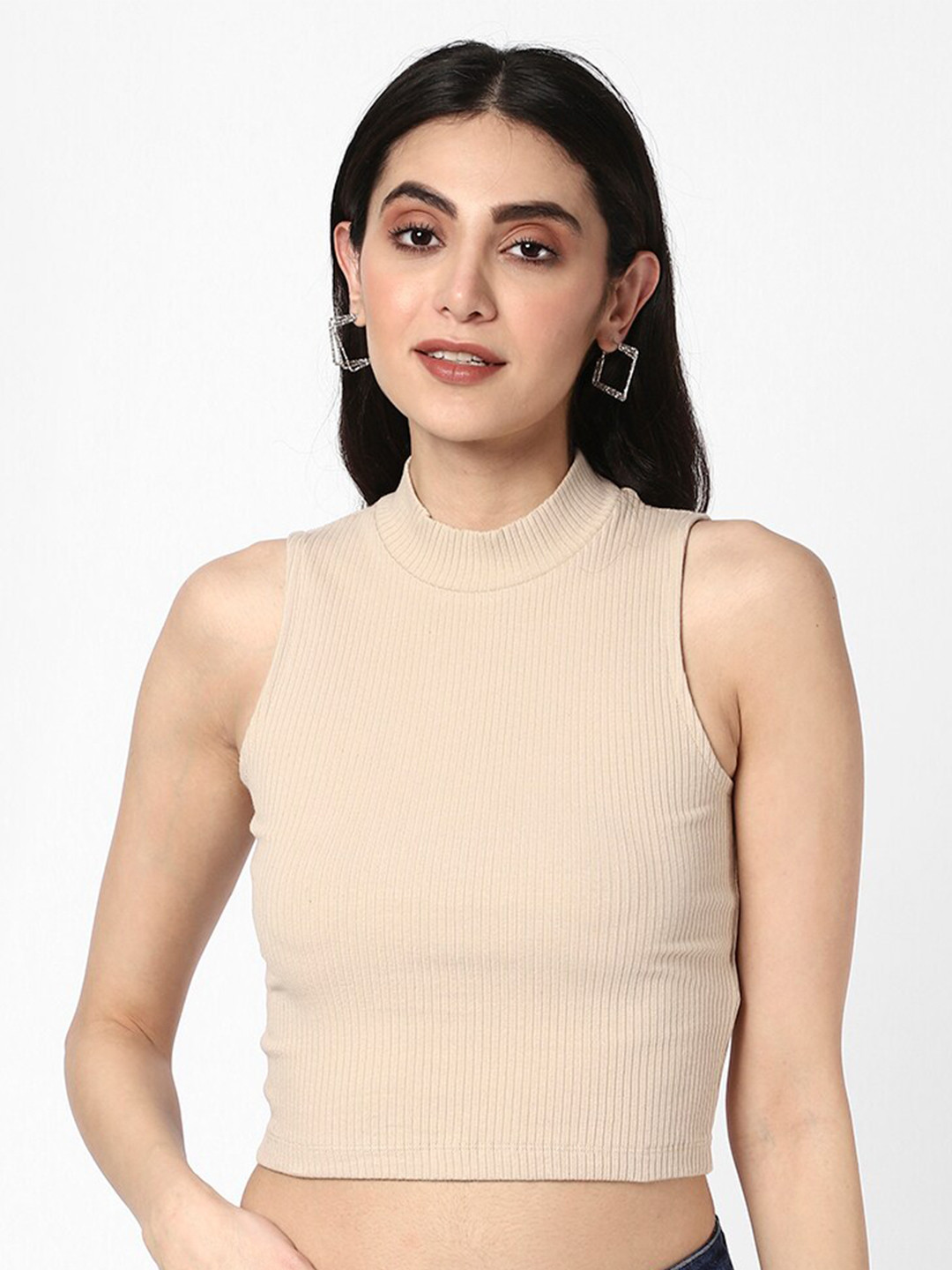 

R&B Striped Cotton Crop Top, Beige