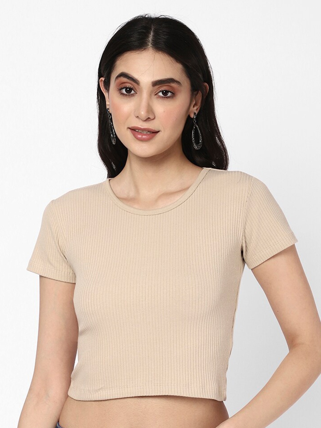 

R&B Short Sleeves Cotton Crop Top, Beige