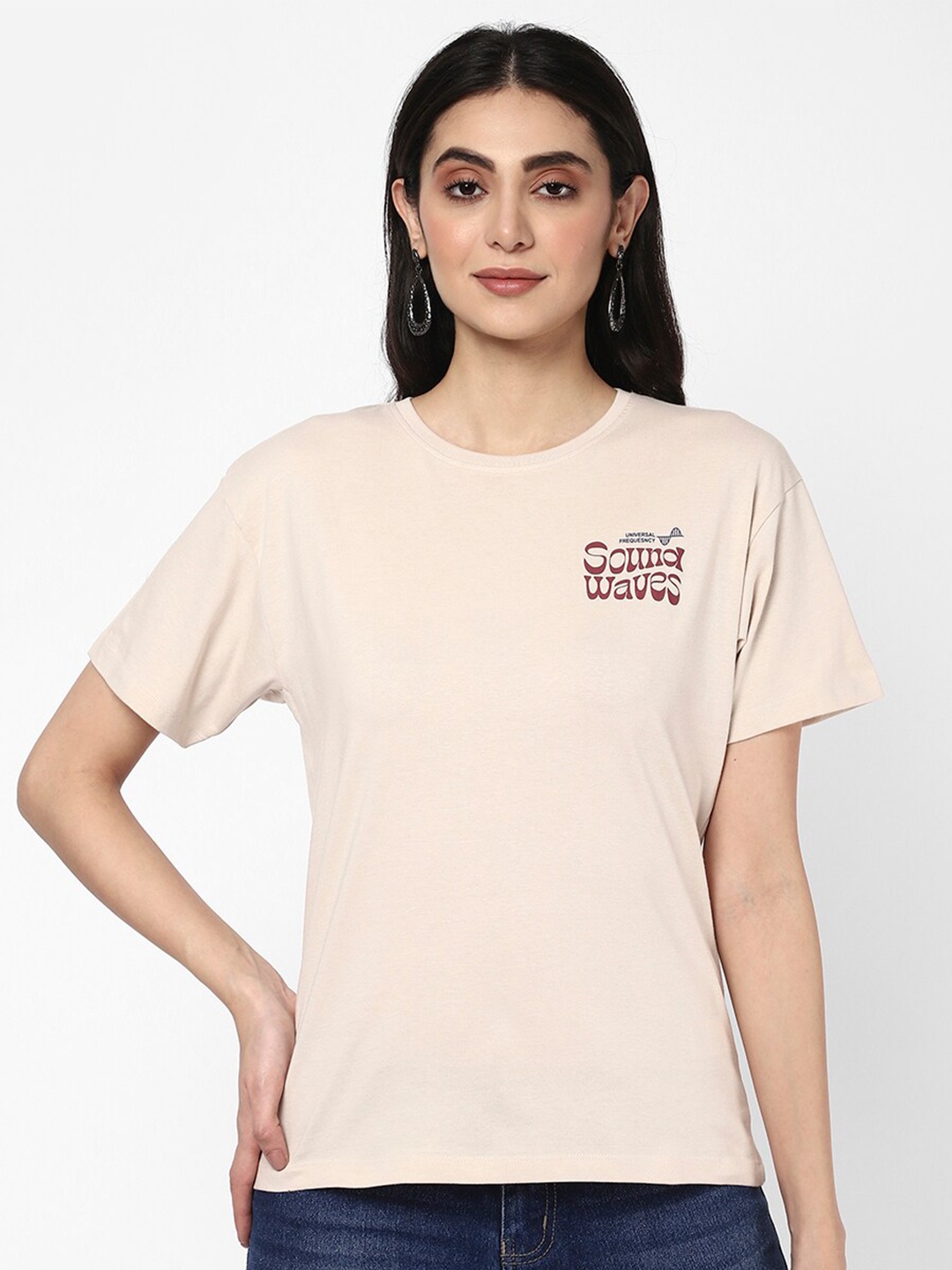 

R&B Beige Short Sleeves Typography Printed Cotton Top