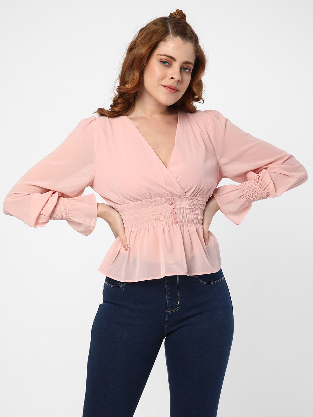 

R&B V-Neck Cotton Cinched Waist Top, Pink