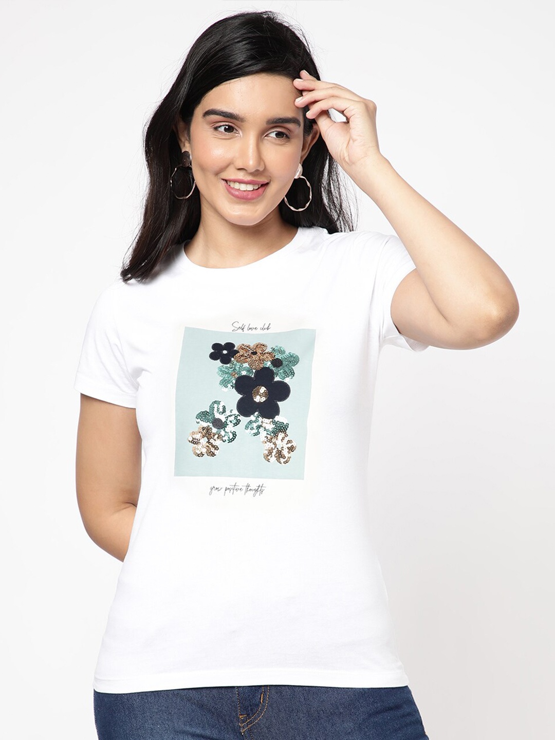 

R&B Floral Printed Cotton T-shirts, White